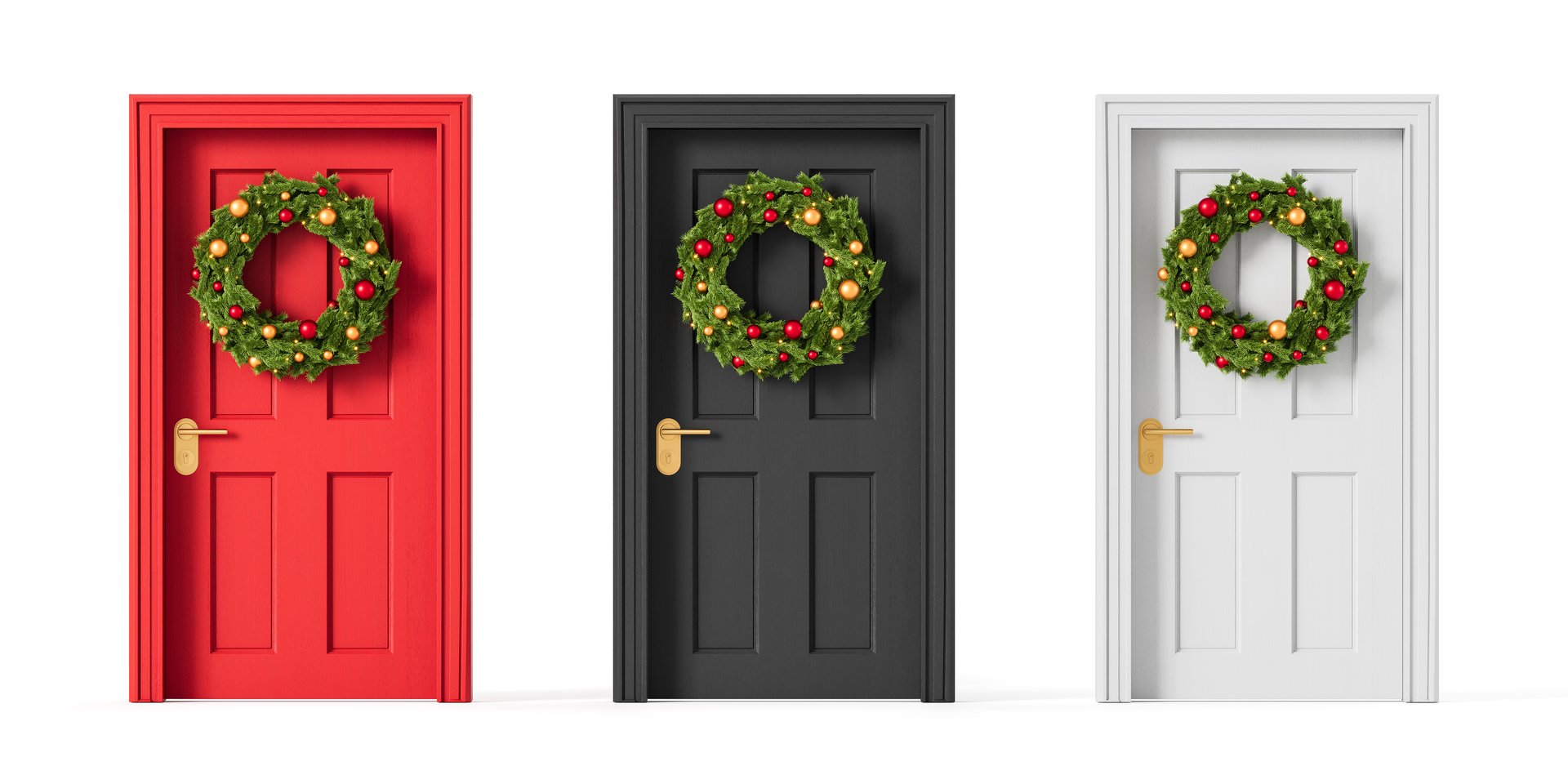 Red, dark gray, and white doors with Christmas wreaths and golden handles, front view on a white background. Creative festive decoration concept. 3D Rendering