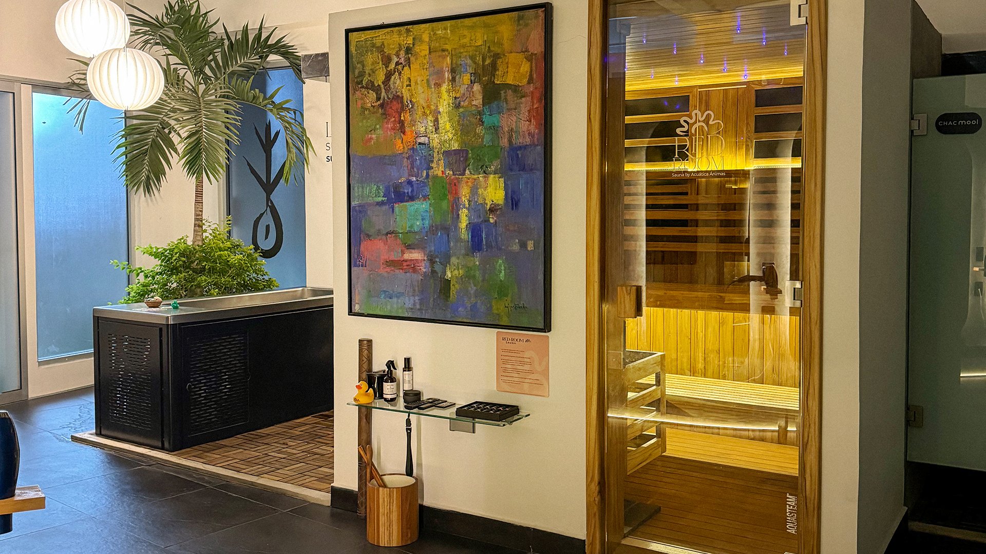 A modern spa room with a wooden sauna, colorful abstract painting, and potted plants for decoration.
