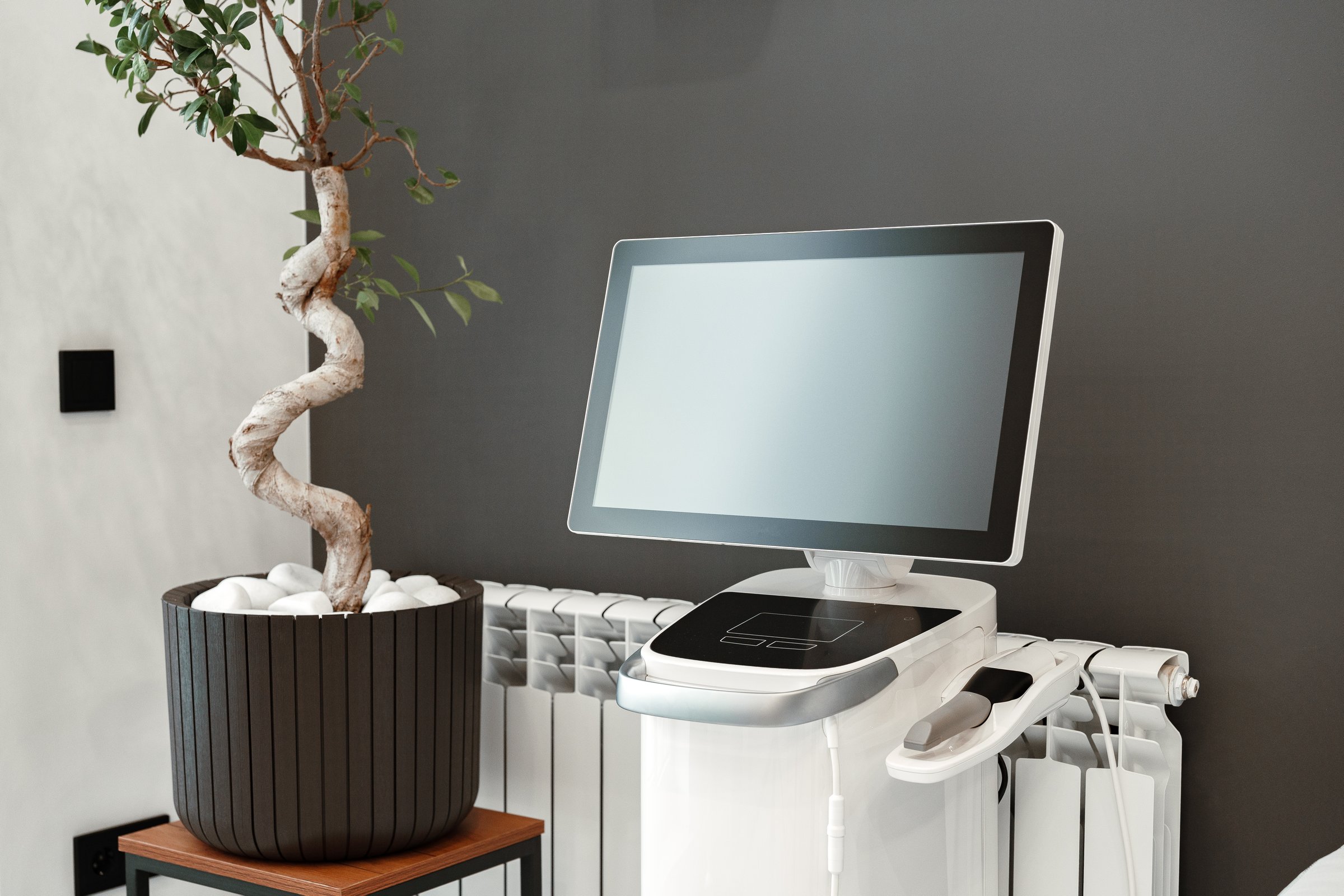 Modern medical equipment in a bright waiting area featuring a potted plant close up