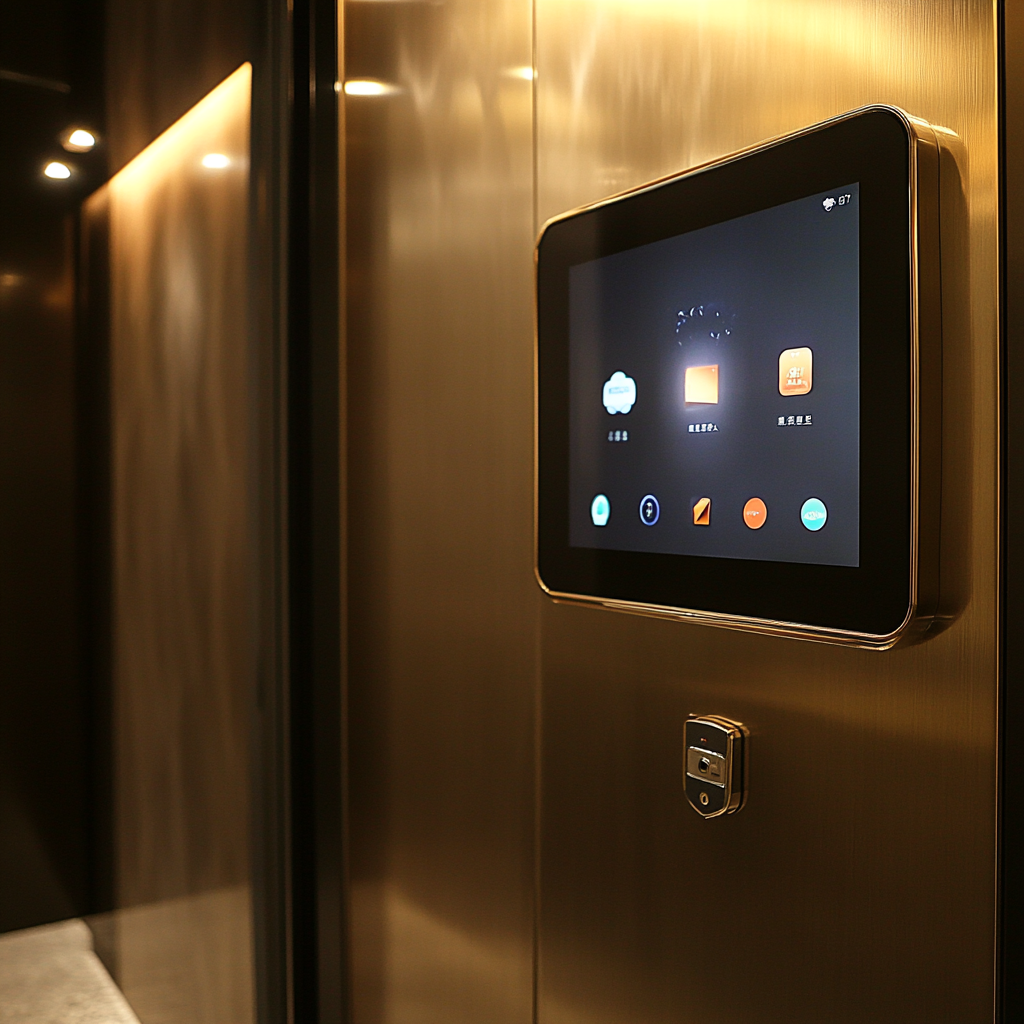 A modern elevator control panel with a touchscreen interface and keycard reader on a reflective metallic wall.
