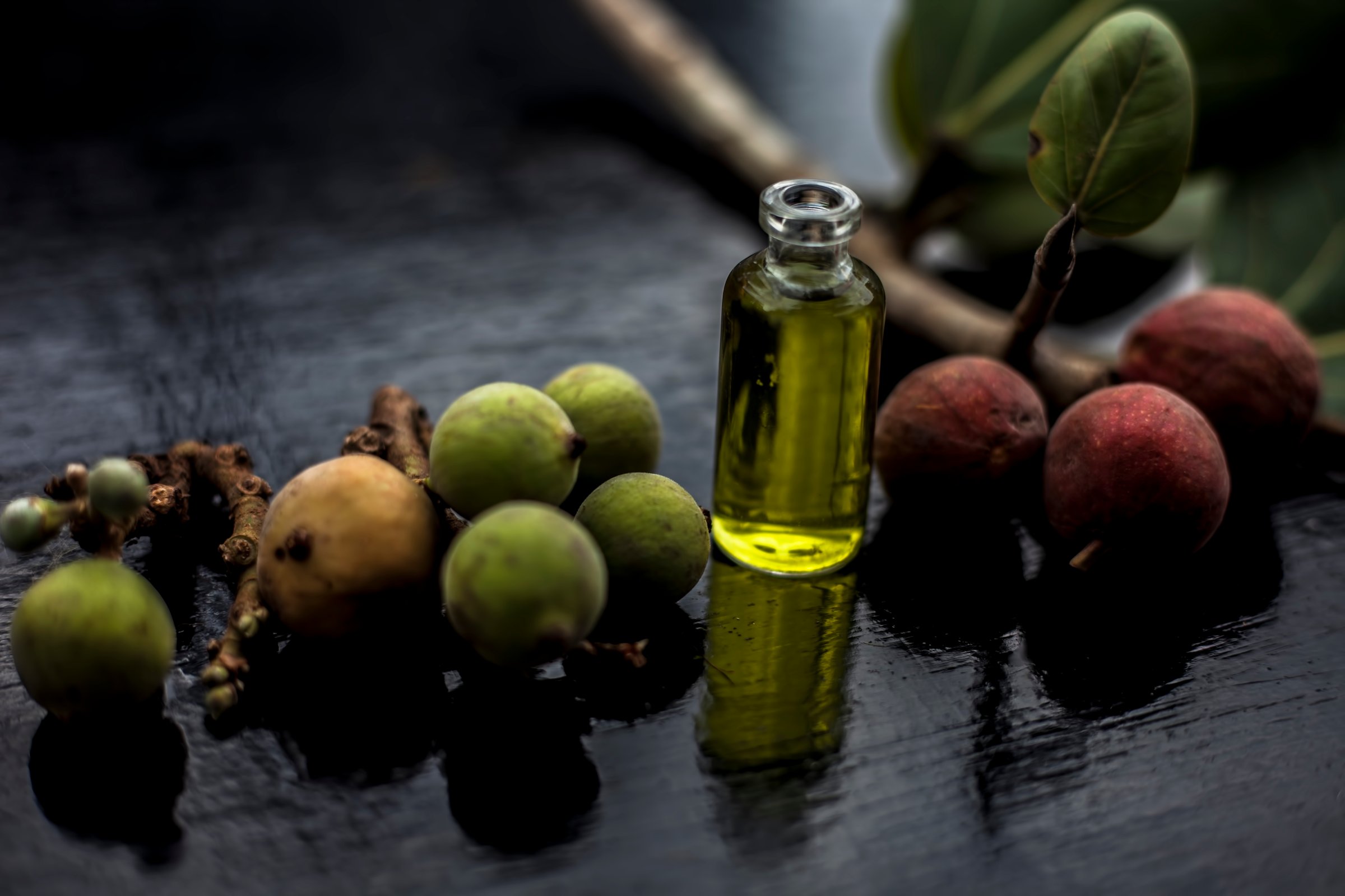 Close up shot of banyan tree fruit and its leaves on black glossy surface along with its extracted concentration essence in a small glass bottle. Horizontal shot.