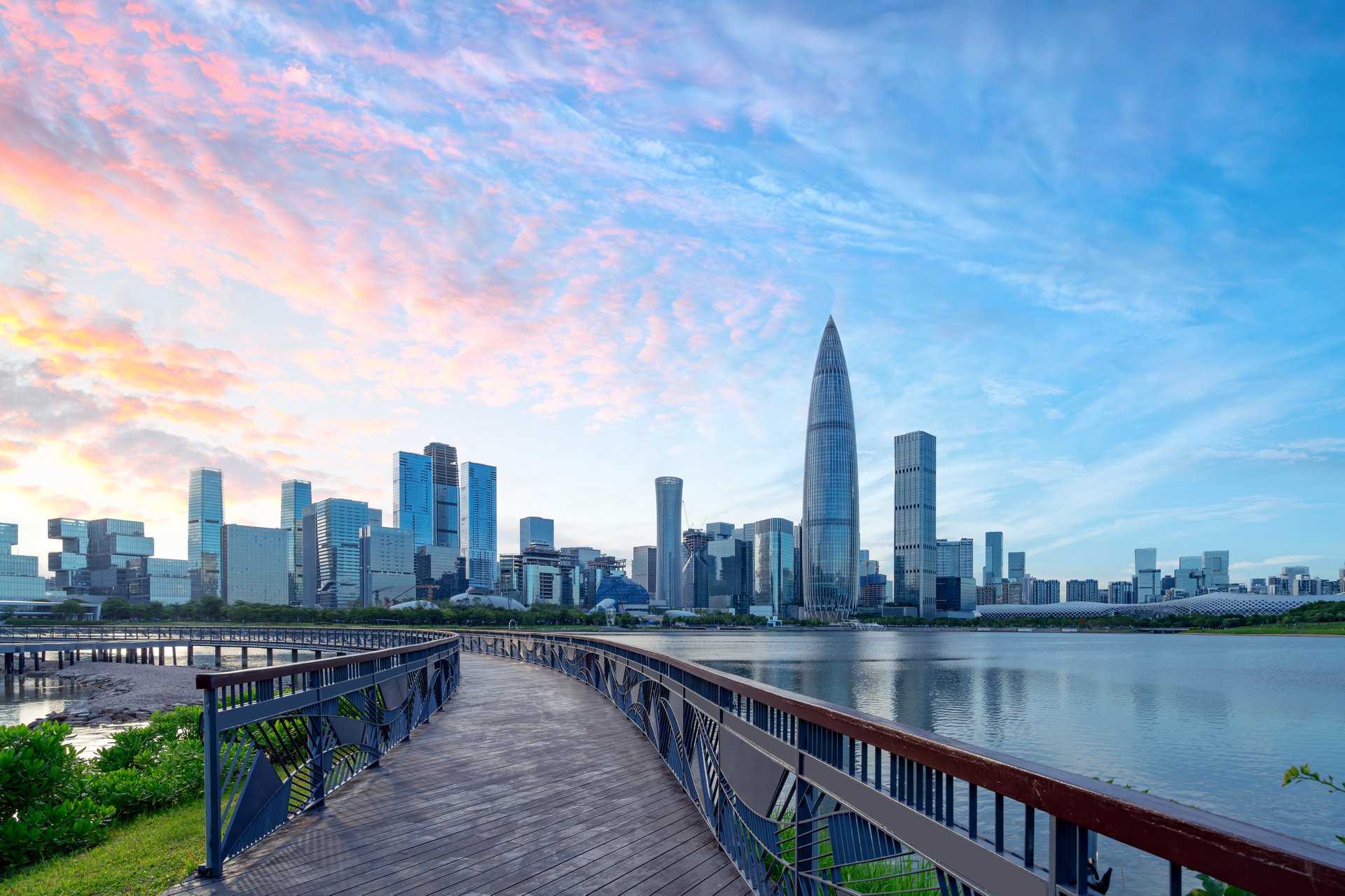Skyscrapers by the lake, CBD of a big city, Shenzhen, China.