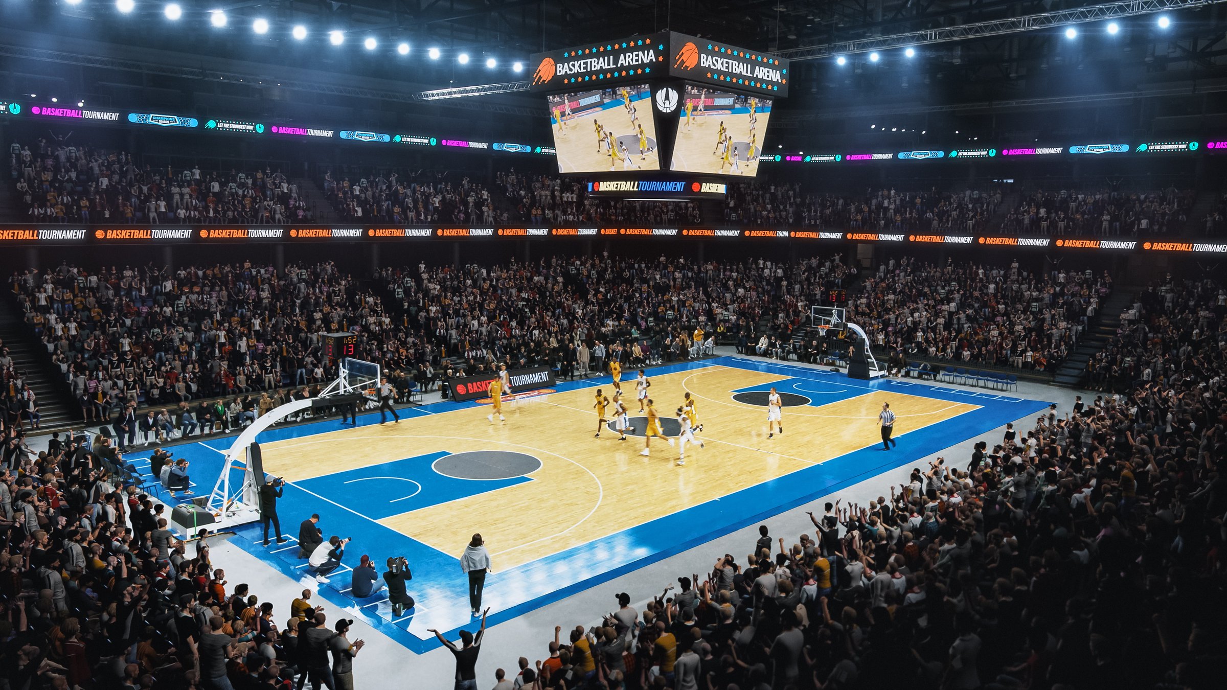 Sold Out Arena with Spectators Watching National Basketball Tournament Match. Teams Play, Diverse Crowds of Fans Cheer. Sports Channel Live Television Broadcast. Establishing High Wide Angle Footage