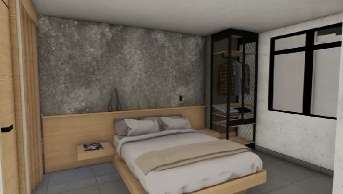 Modern bedroom with a wooden bed, gray textured wall, wardrobe with glass door, and minimalist decor.