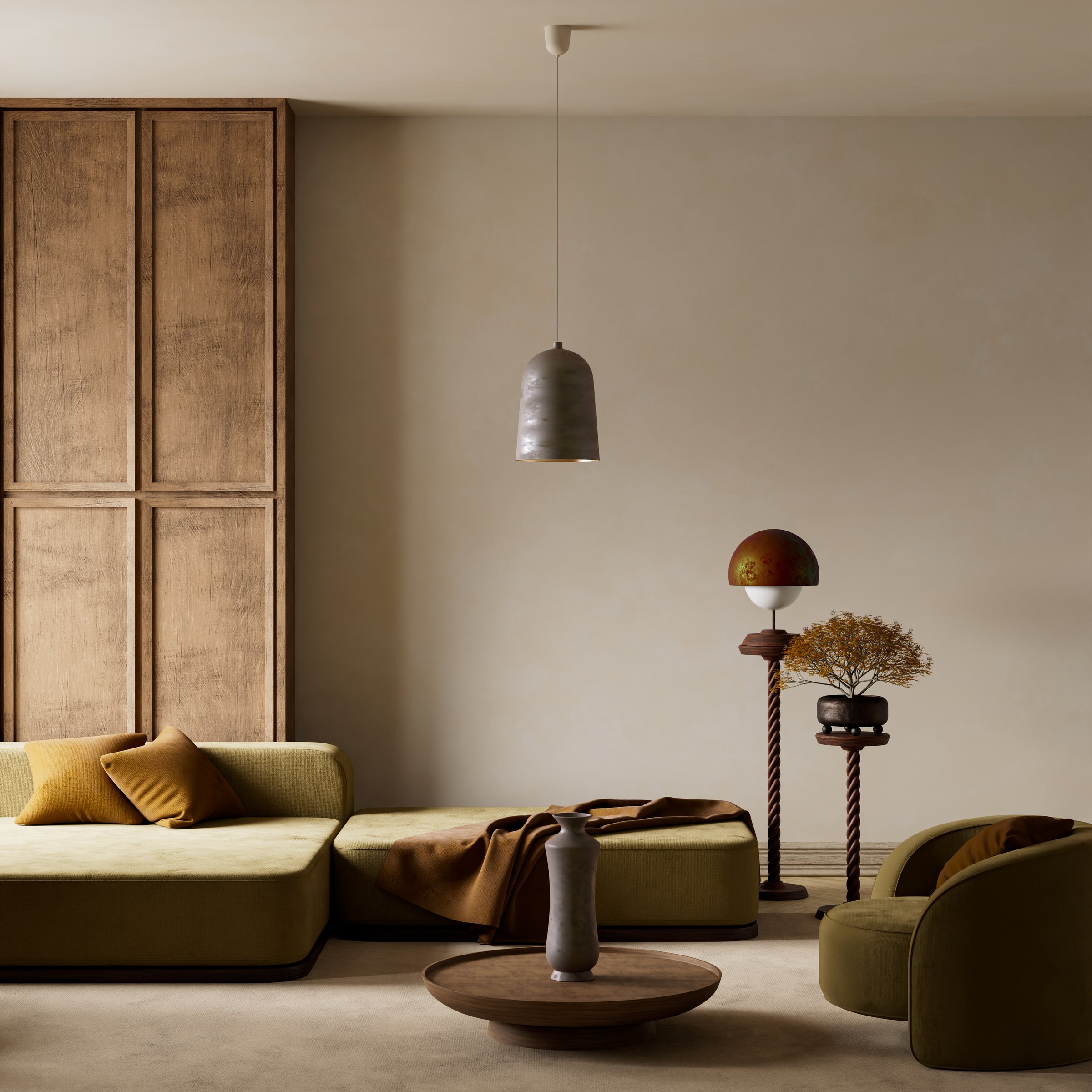 A minimalist living space with olive-green seating, warm wooden accents, and a soft, neutral palette that radiates calm and elegance. 3D illustration