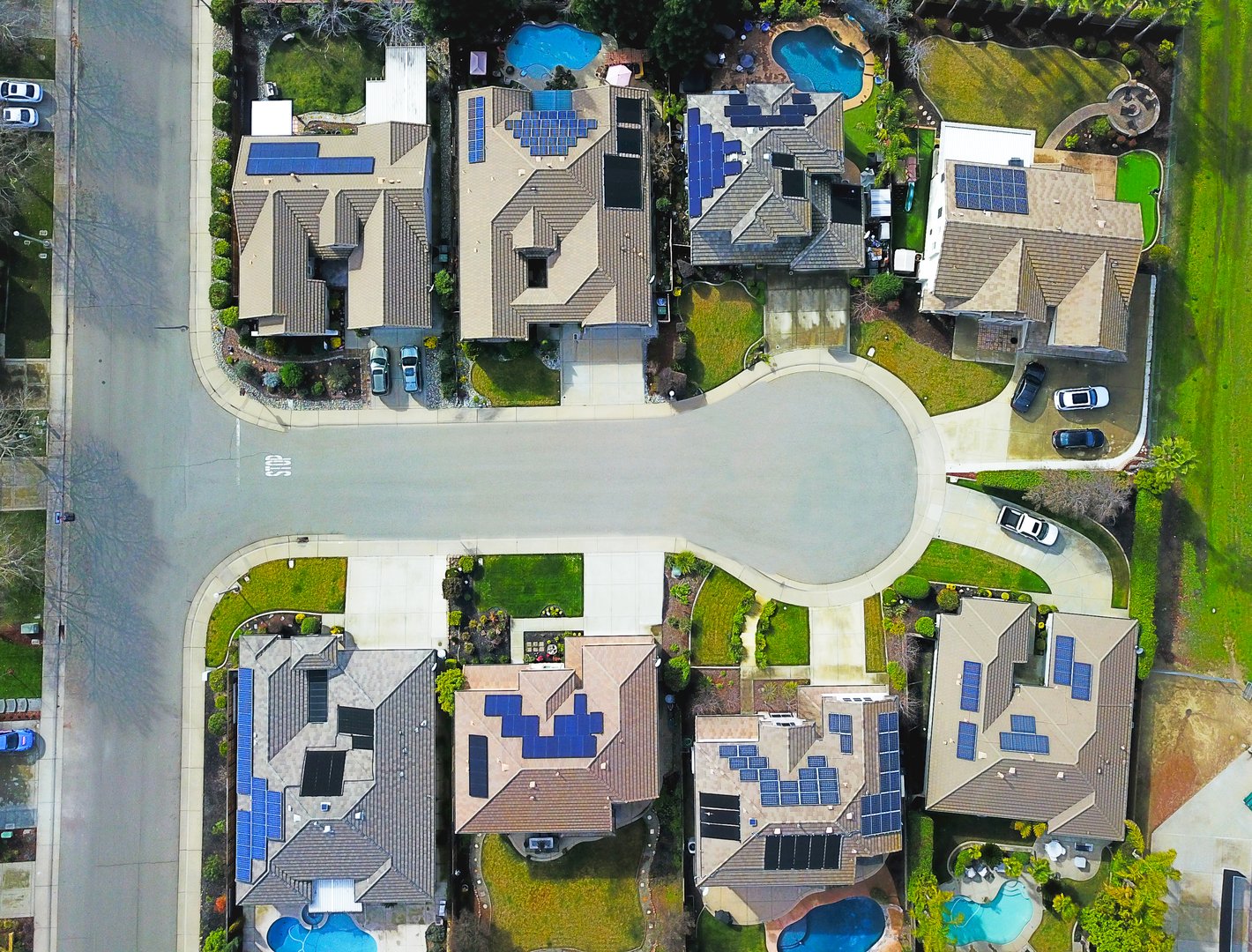 Top view of solar homes in  a suburban neighborhood