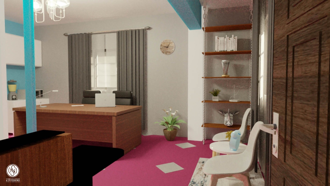 Modern office with a wooden desk, laptop, shelves, plants, and gray curtains on a window. Pink carpet covers the floor.
