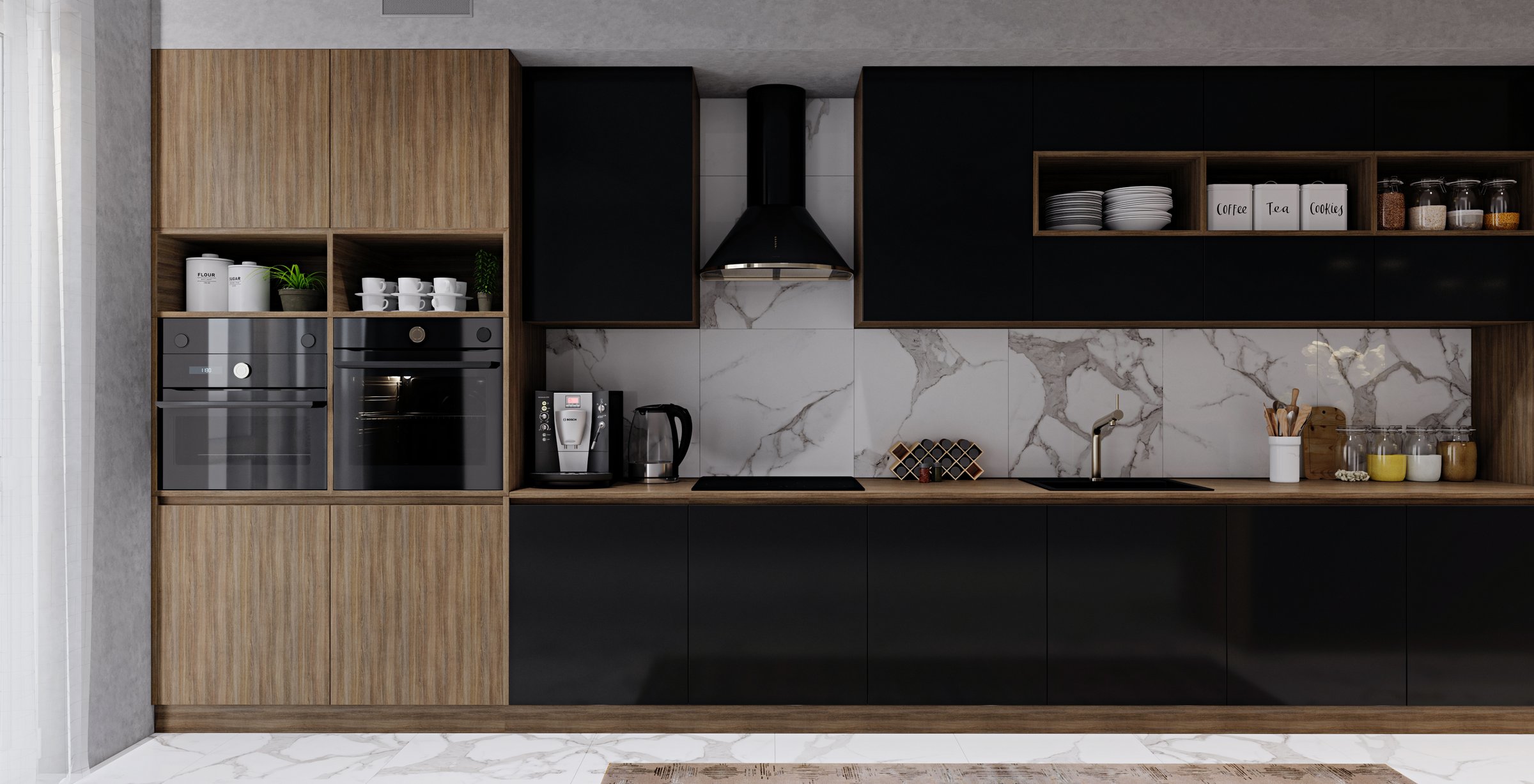 Modern interior design for kitchen. Stylish design project with glossy black furniture, wooden cabinets, marble tiles and cooking appliances. Front view in natural daylight. Realistic 3D rendering