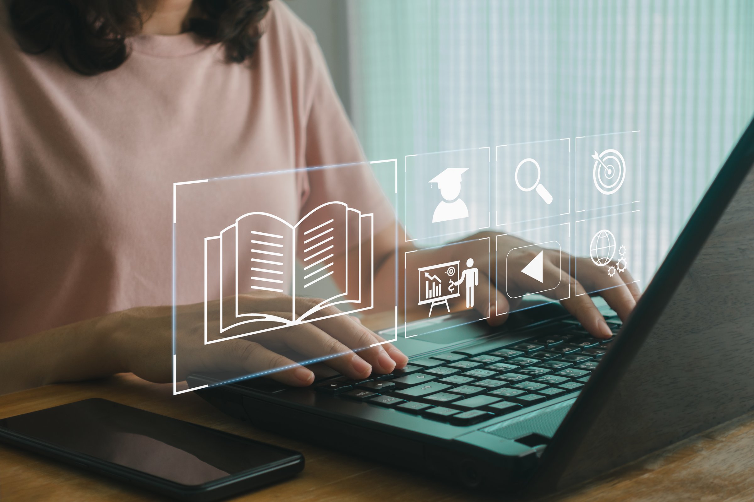 E-learning education concept. Business training course online with a webinar on a computer virtual screen. digital tutorial based on Internet technology. adult or student learn online with teacher.