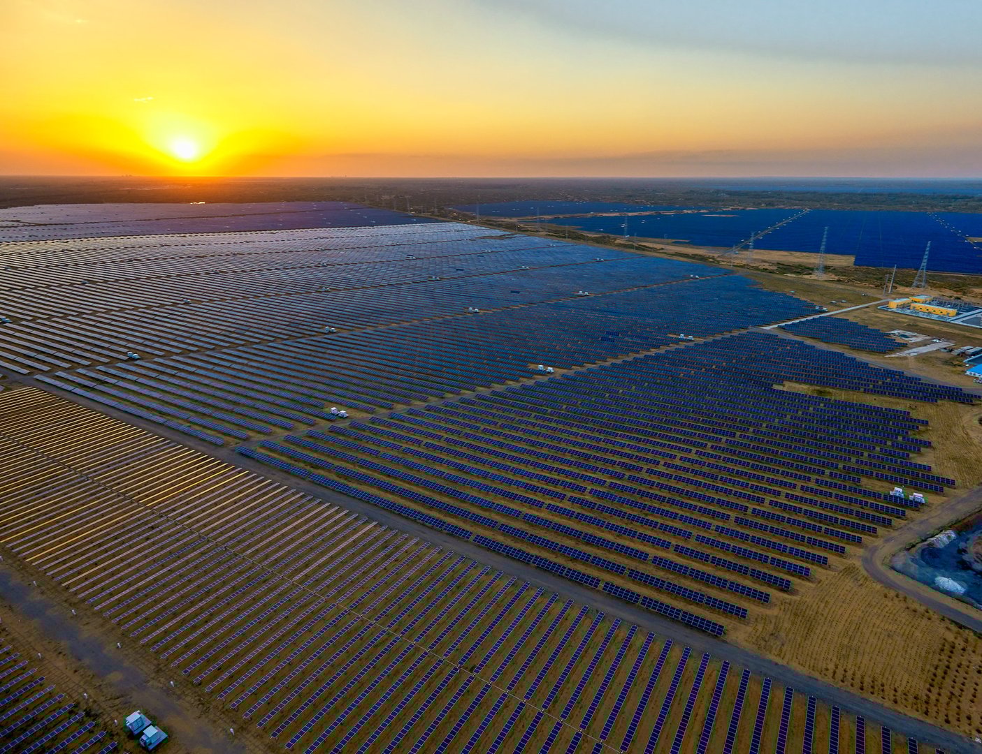 Aerial solar photovoltaic panel after aerial sunset