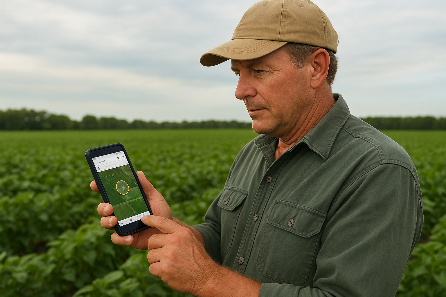 Prairie farmer working with modern agricultural technology for crop protection and pest management