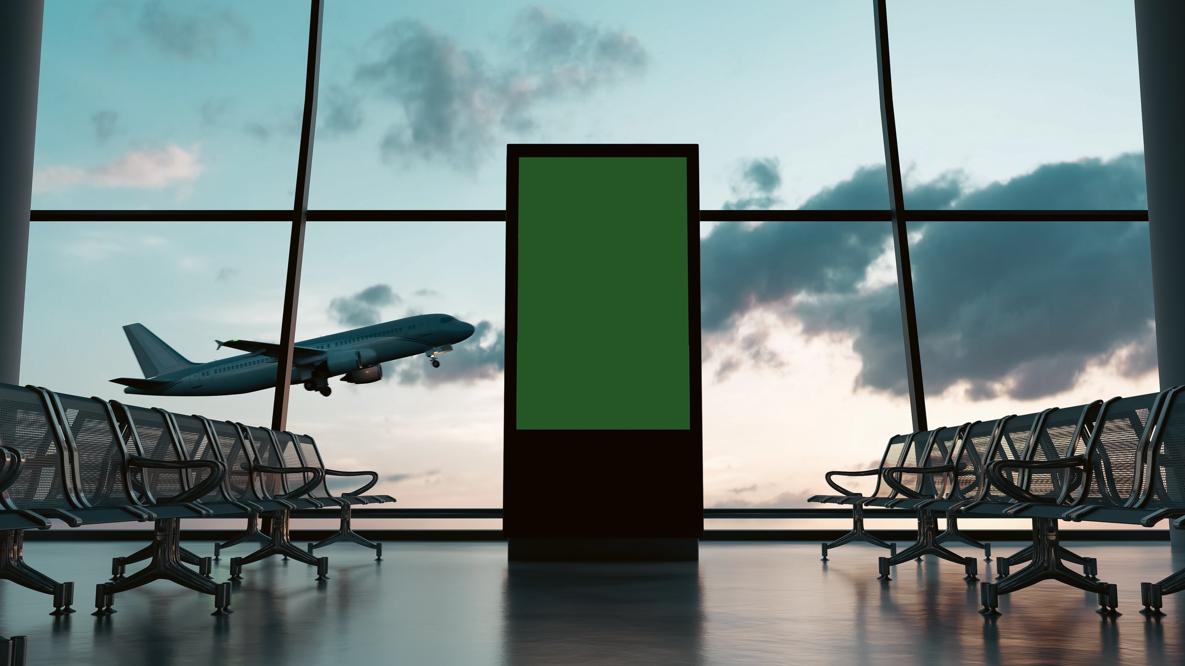 Blank billboard in corridor the airport. Useful for your advertising. 3D illustration