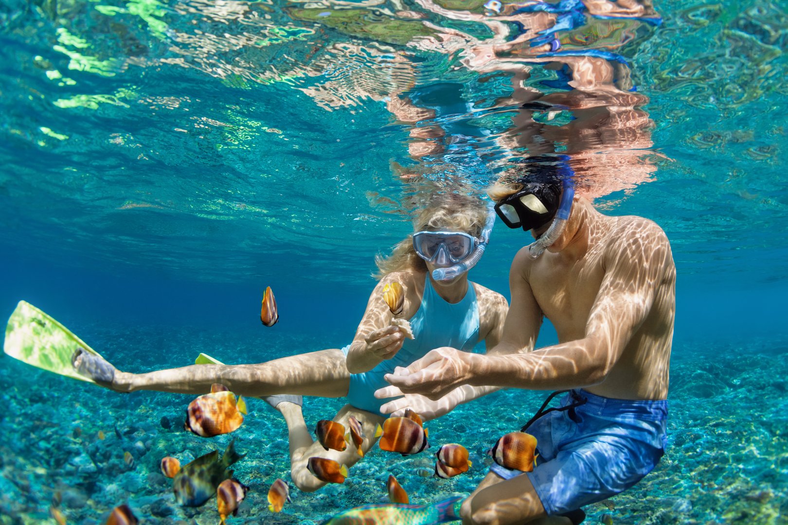 Happy family snorkeling together in coral reef sea pool