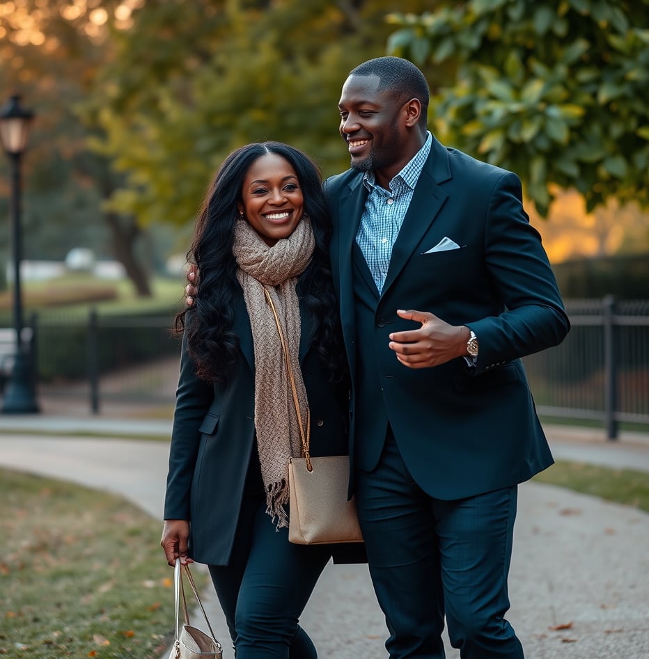 A smiling couple walks arm in arm through a park in fall, wearing stylish black coats and scarves.