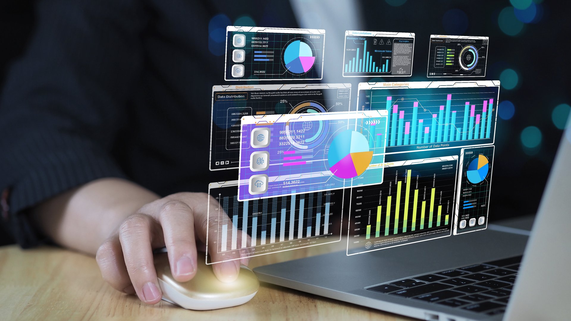 Data analytics and graphs. Analysis of statistical business marketing data. Data scientist using laptop computer to analyze data.Data analysis, marketing strategy or statistics by business development
