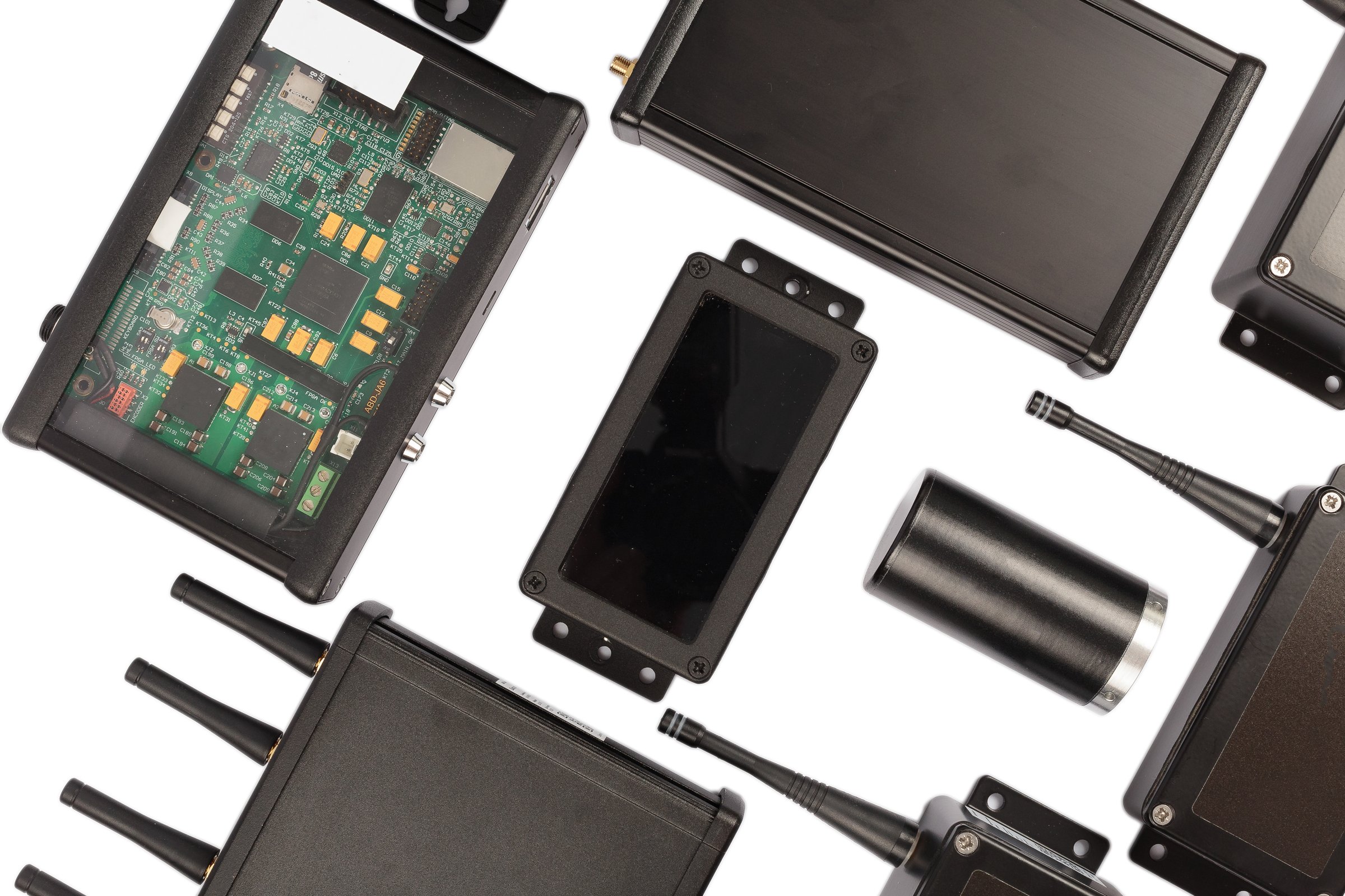 Modern electronic circuits on a white background, a set of various devices.