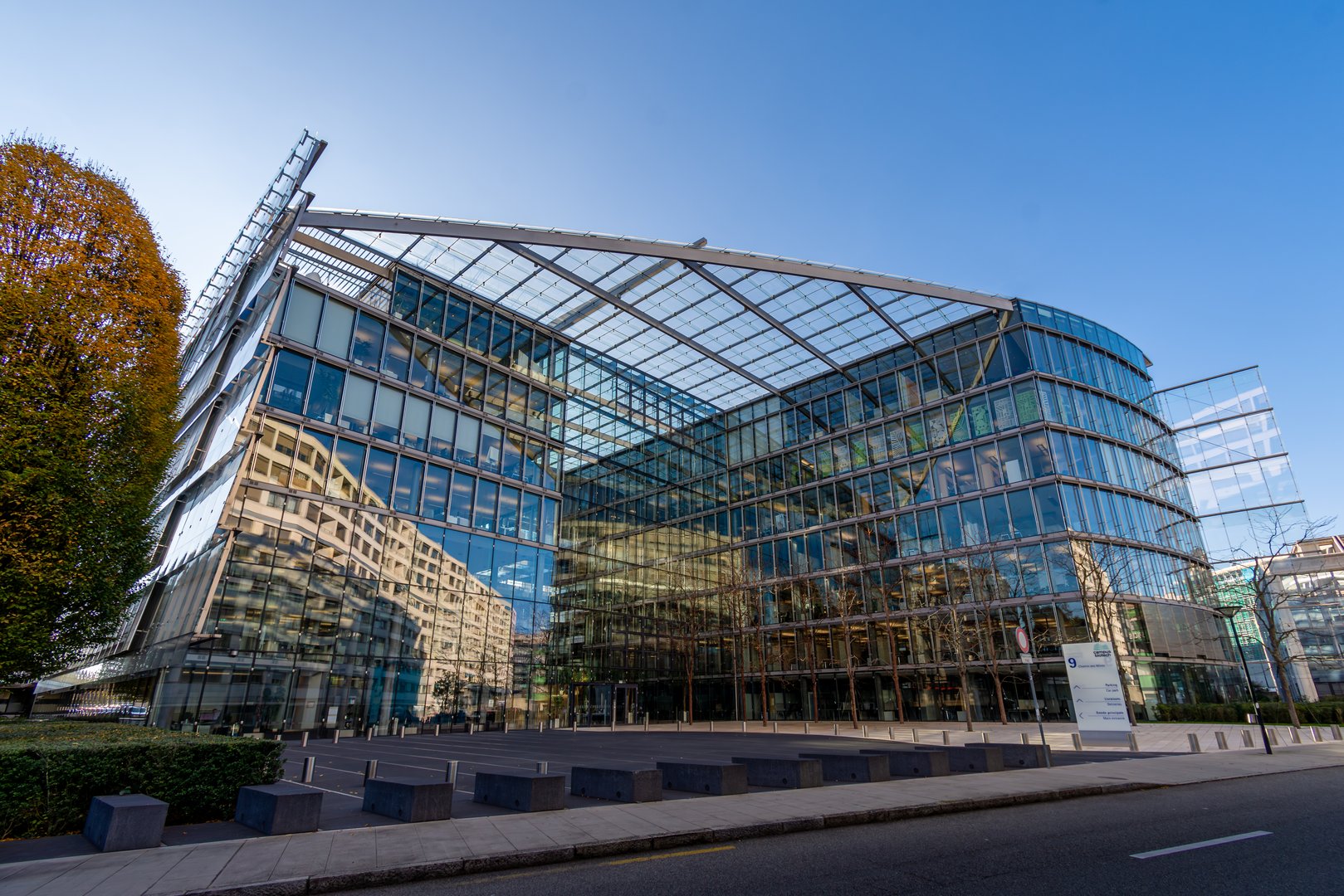 Geneva, Switzerland - November 15, 2024: Exterior view of Campus Biotech, a Swiss center hosting research institutes and biotechnology companies
