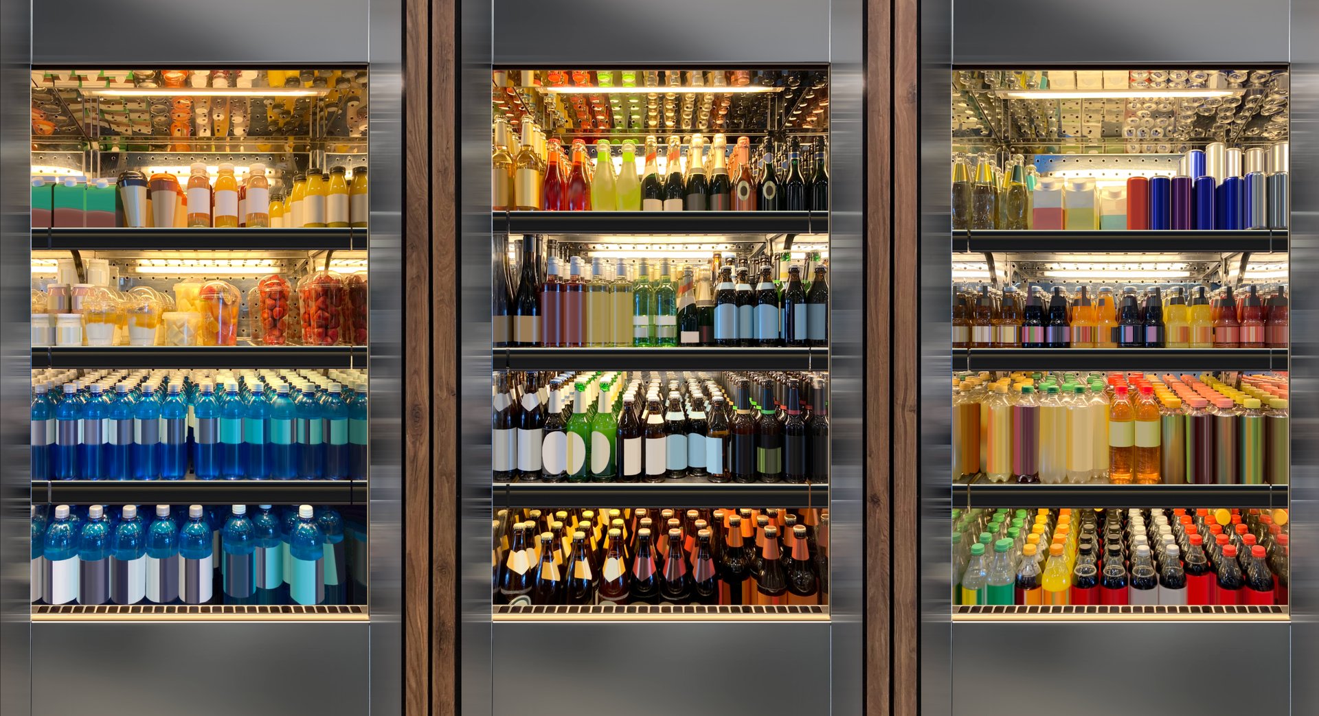 Glass door fridges photo mockup. Soda pop cans, vine and beer bottles in vertical freezer at airport restaurant.
Suitable for presenting new cans and bottles among many others.