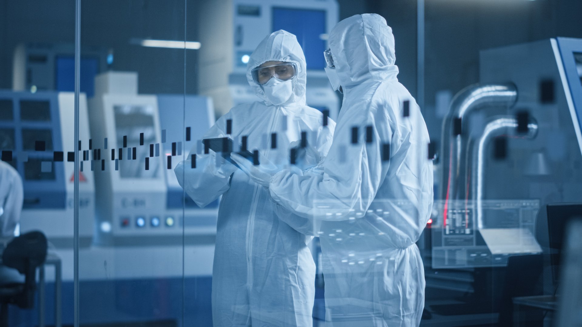 Factory Cleanroom: Engineer and Scientist Wearing Coveralls, Standing in Workshop Talk and Use Tablet Computer, Professionals Develop Technology for Modern CNC Machinery and Electronic Equipment