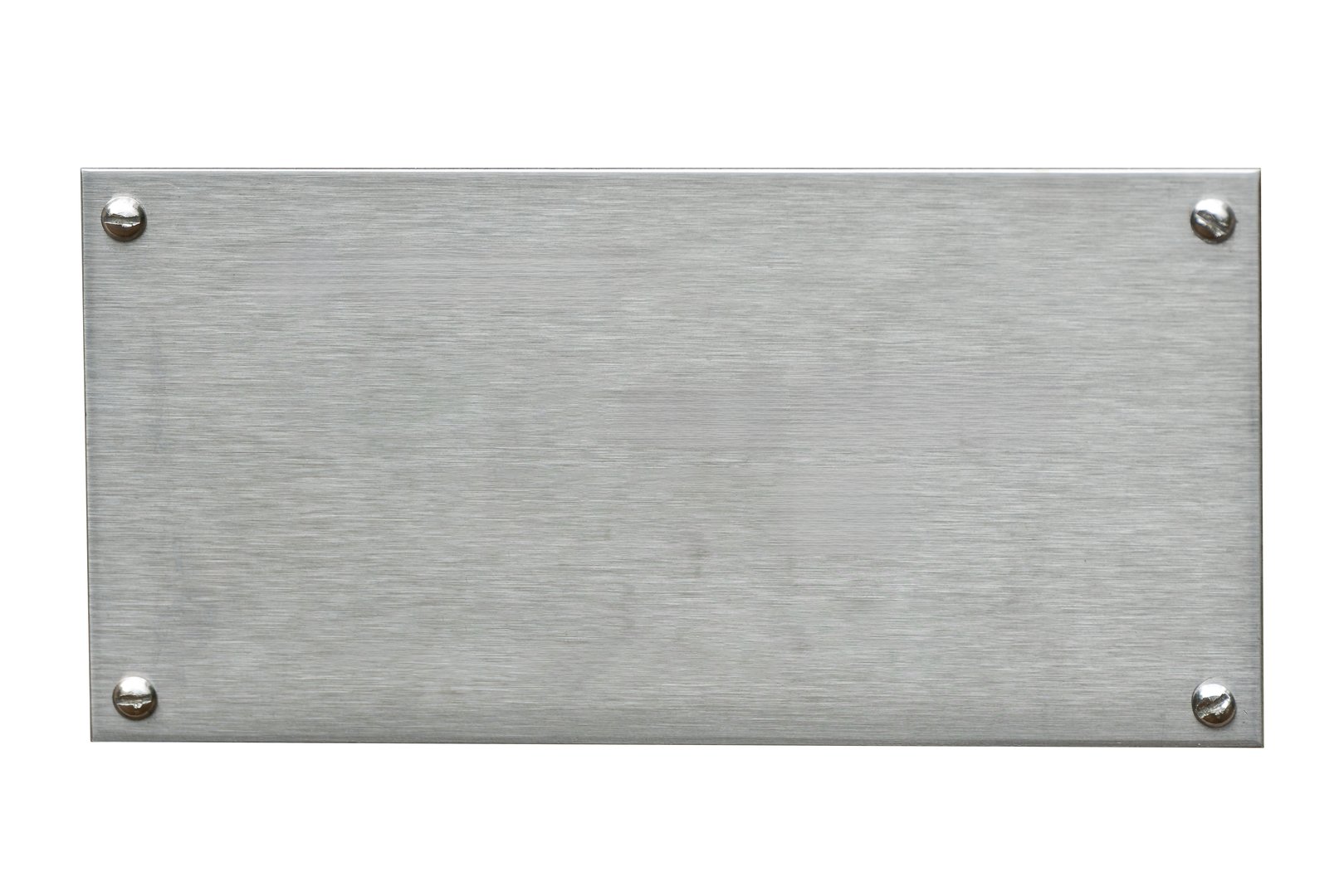 Distressed stainless steel plaque with a brush silver metal texture and screws cut out and isolated on a white background, signage stock photo image