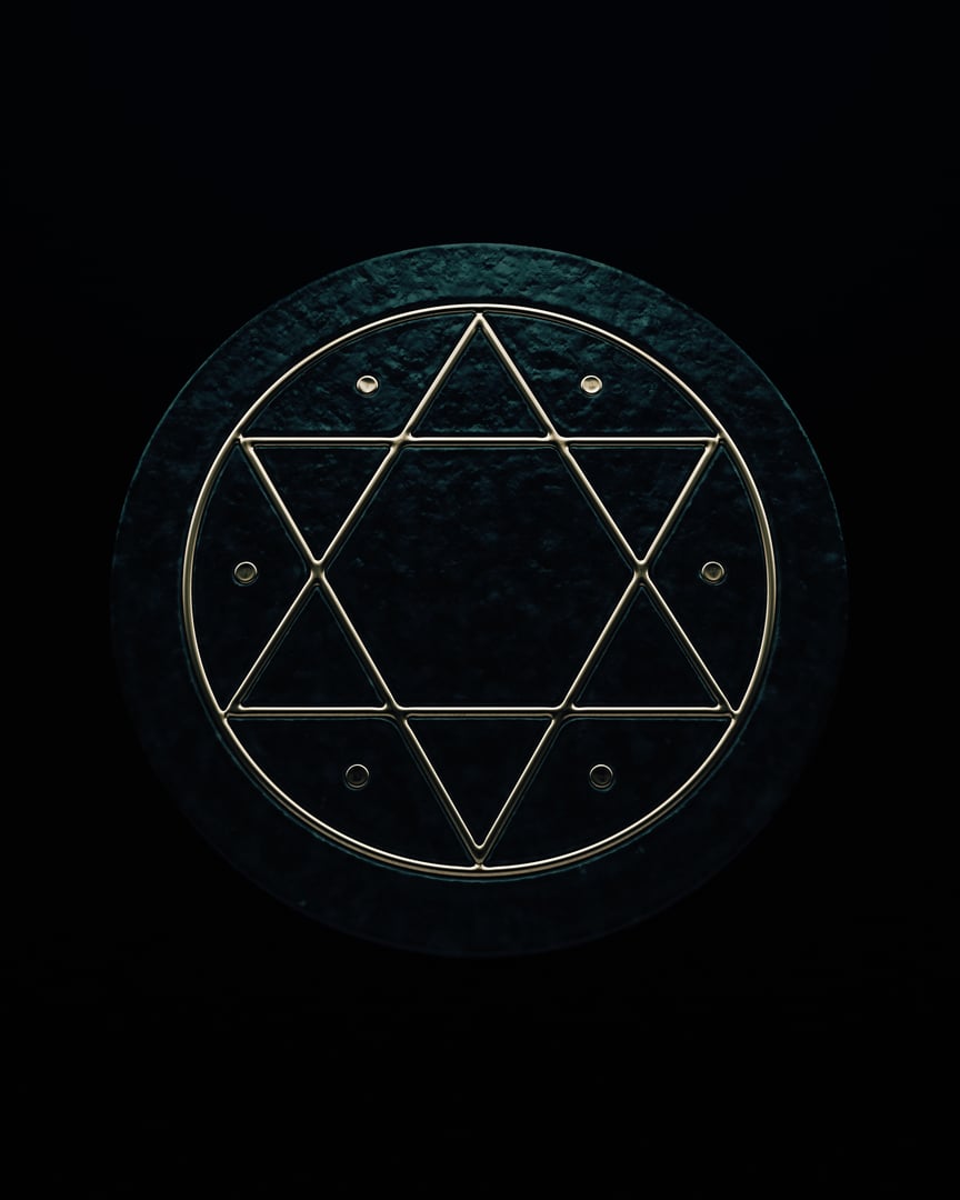 Seal of Solomon inscribed magic ring brass iron king Solomon's ring black magic Islamic djinn folklore 3d illustration render digital rendering