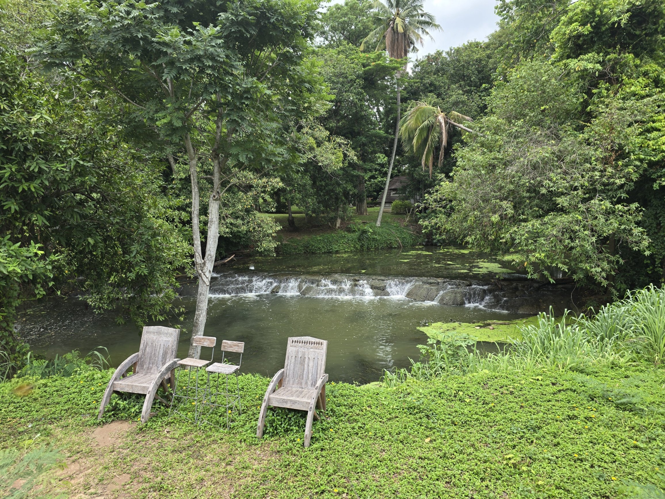 A peaceful scene featuring two wooden chairs by a calm stream. The lush greenery reflects tranquility and invites relaxation in a natural setting.