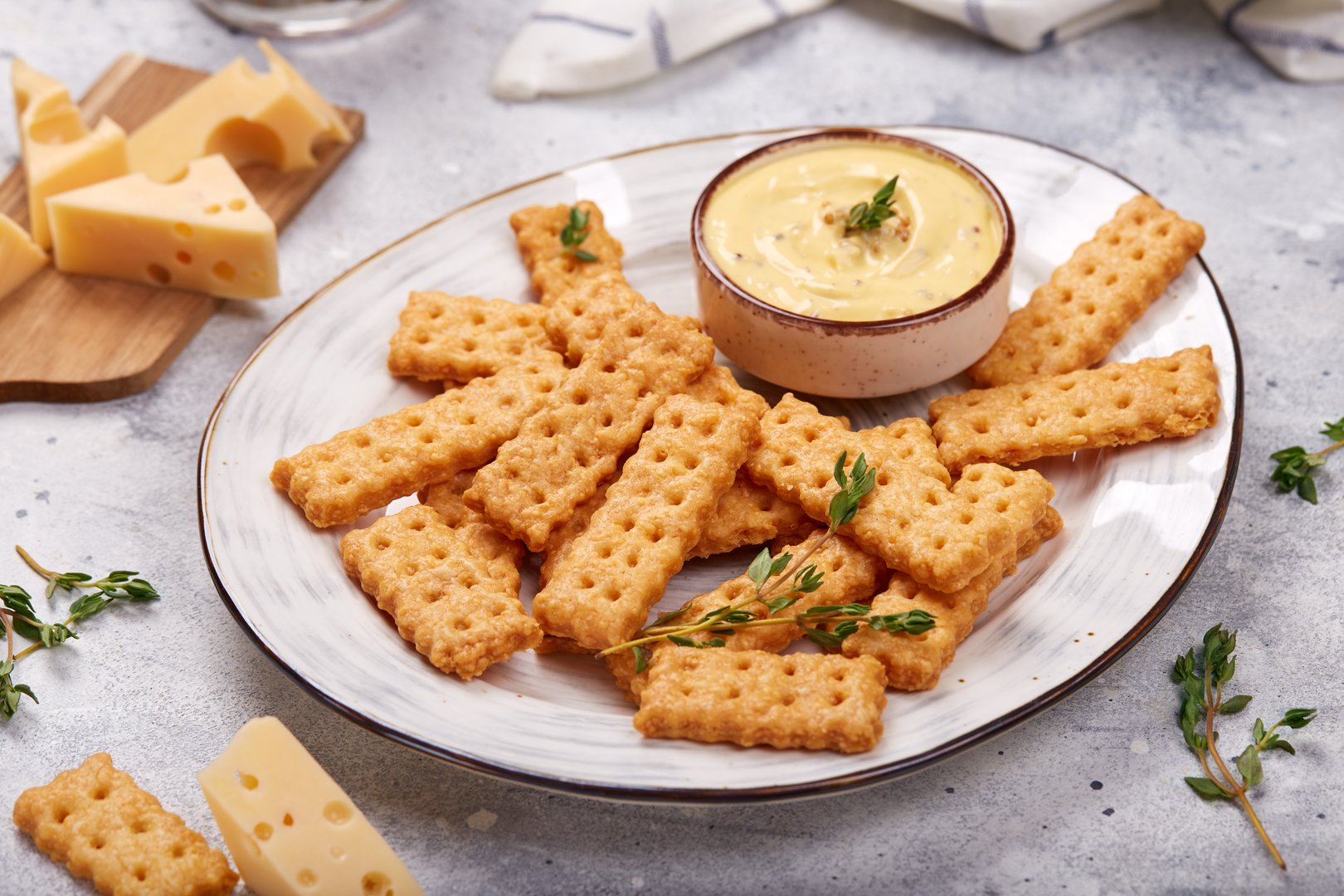 Cheese cookie crispy cracker. Savory snacks. Delicious homemade appetizer.