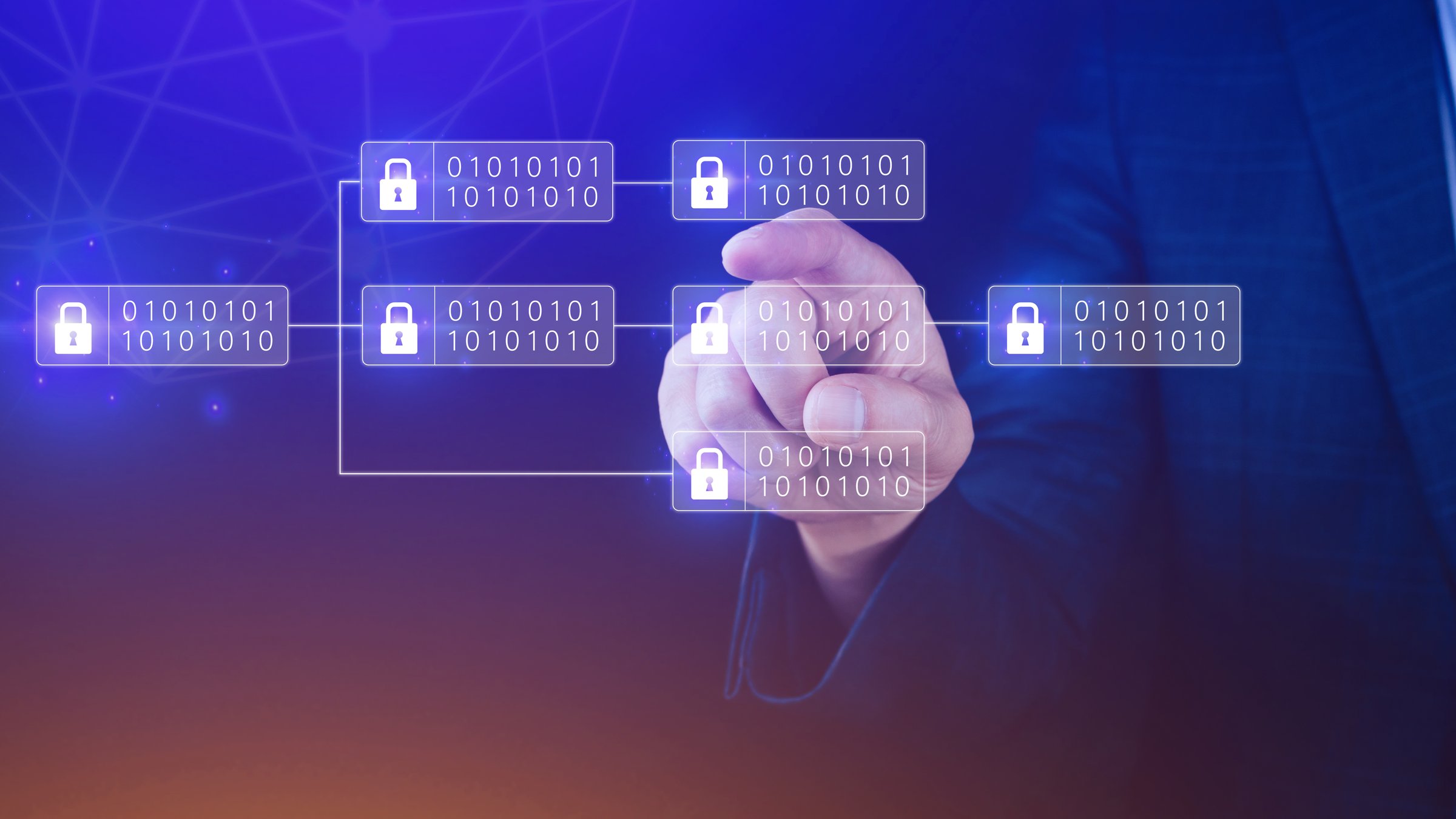 Businessman using a touching on virtual screen to Blockchain technology concept with chain of encrypted blocks to secure cryptocurrencies and bitcoin for online payments and money transaction.