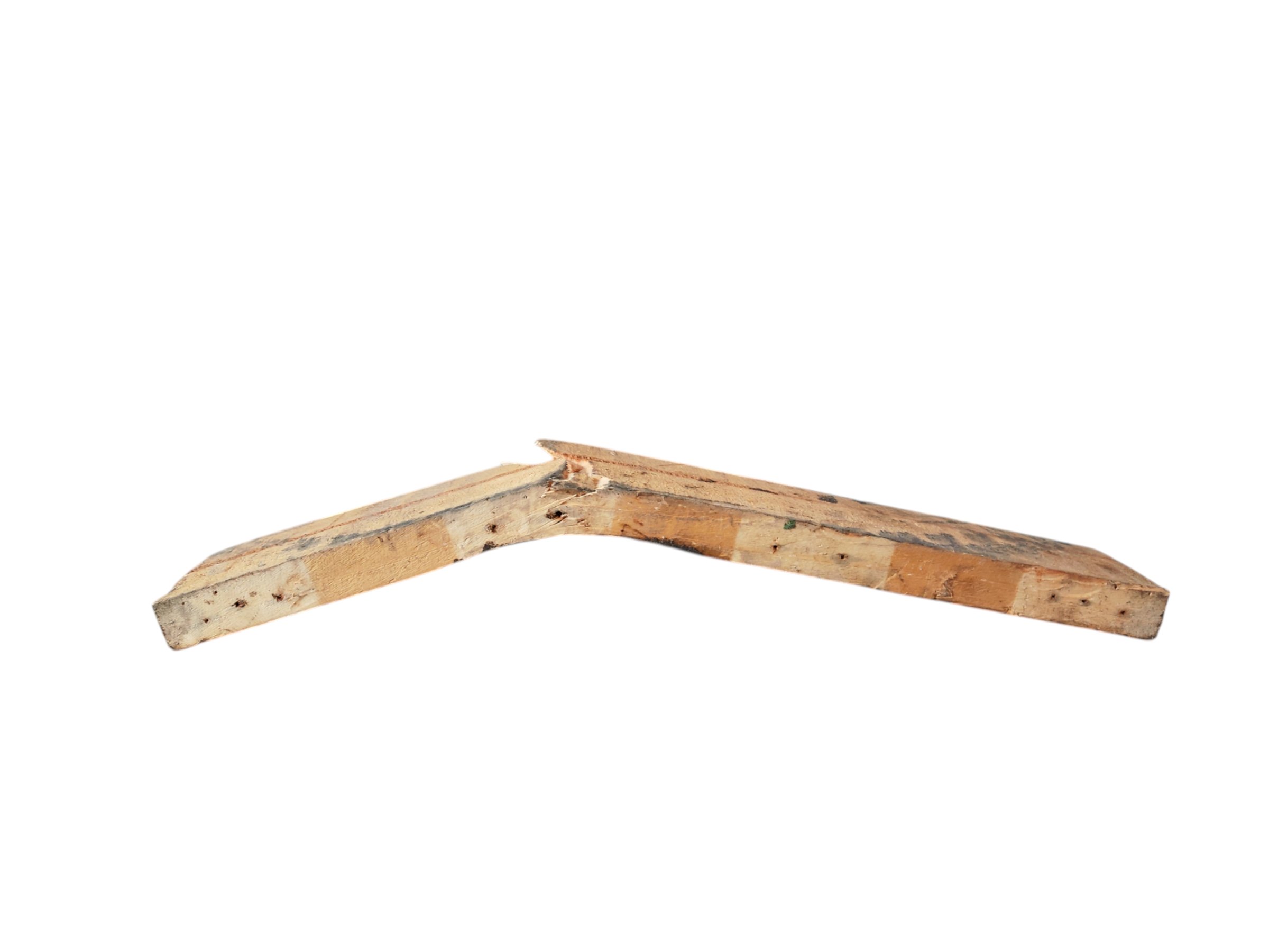 Broken old wooden, close up cracks wooden plank, broken beam structure isolated on white background.