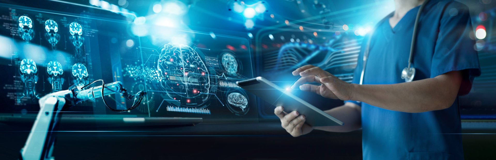 Healthcare and medical, Doctor and robotics research diagnose Human brains scan. Record and report with modern virtual interface, alzheimer's and parkinson, science, Innovation and Medical technology