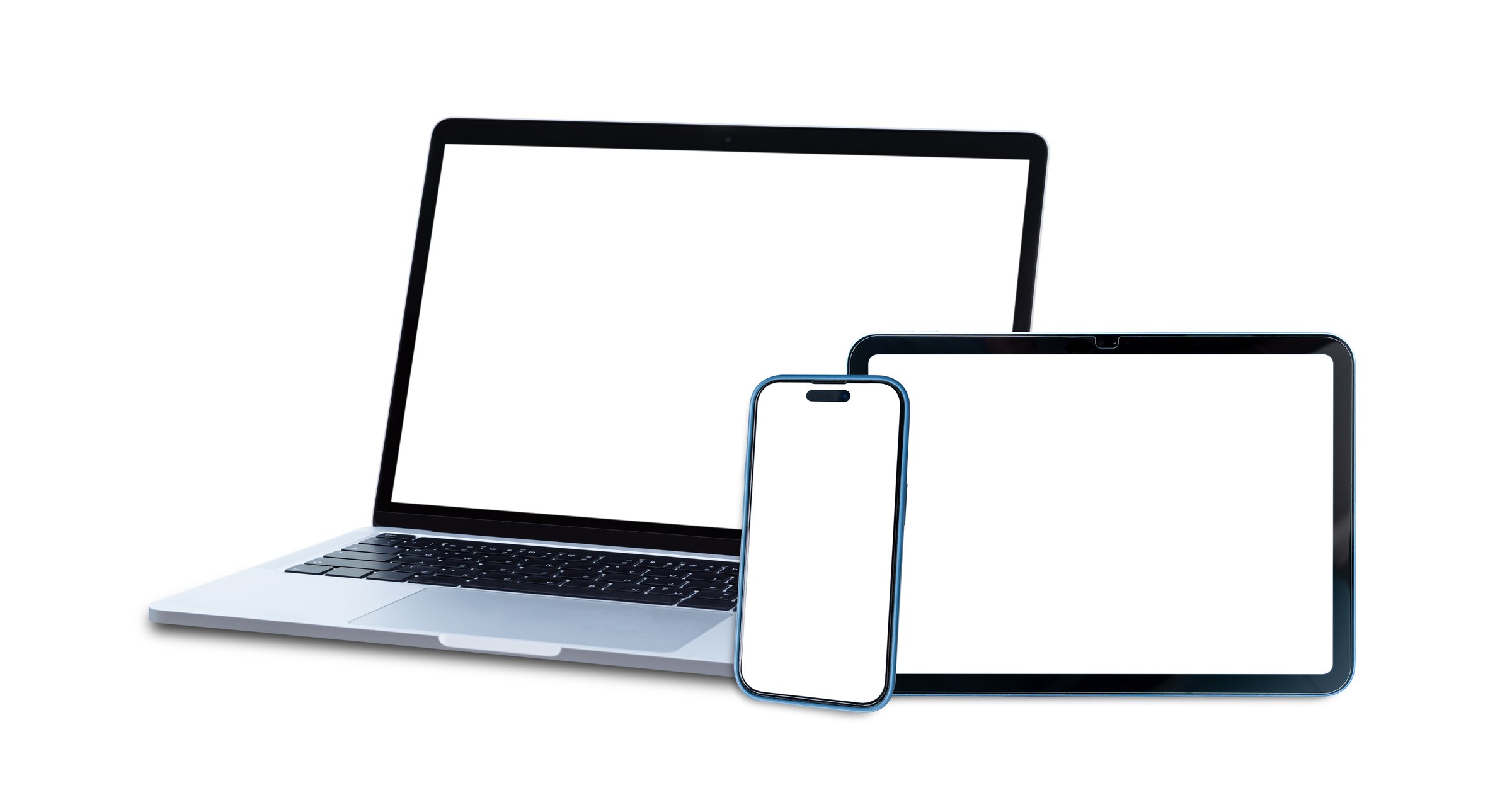 Set of smart devices smartphone, tablet and laptop with blank screen isolated on white background, clipping path