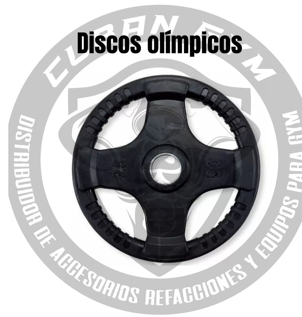 Rubber-coated Olympic weight plate with three handles, labeled 25 kg, on a background with gym distributor branding.