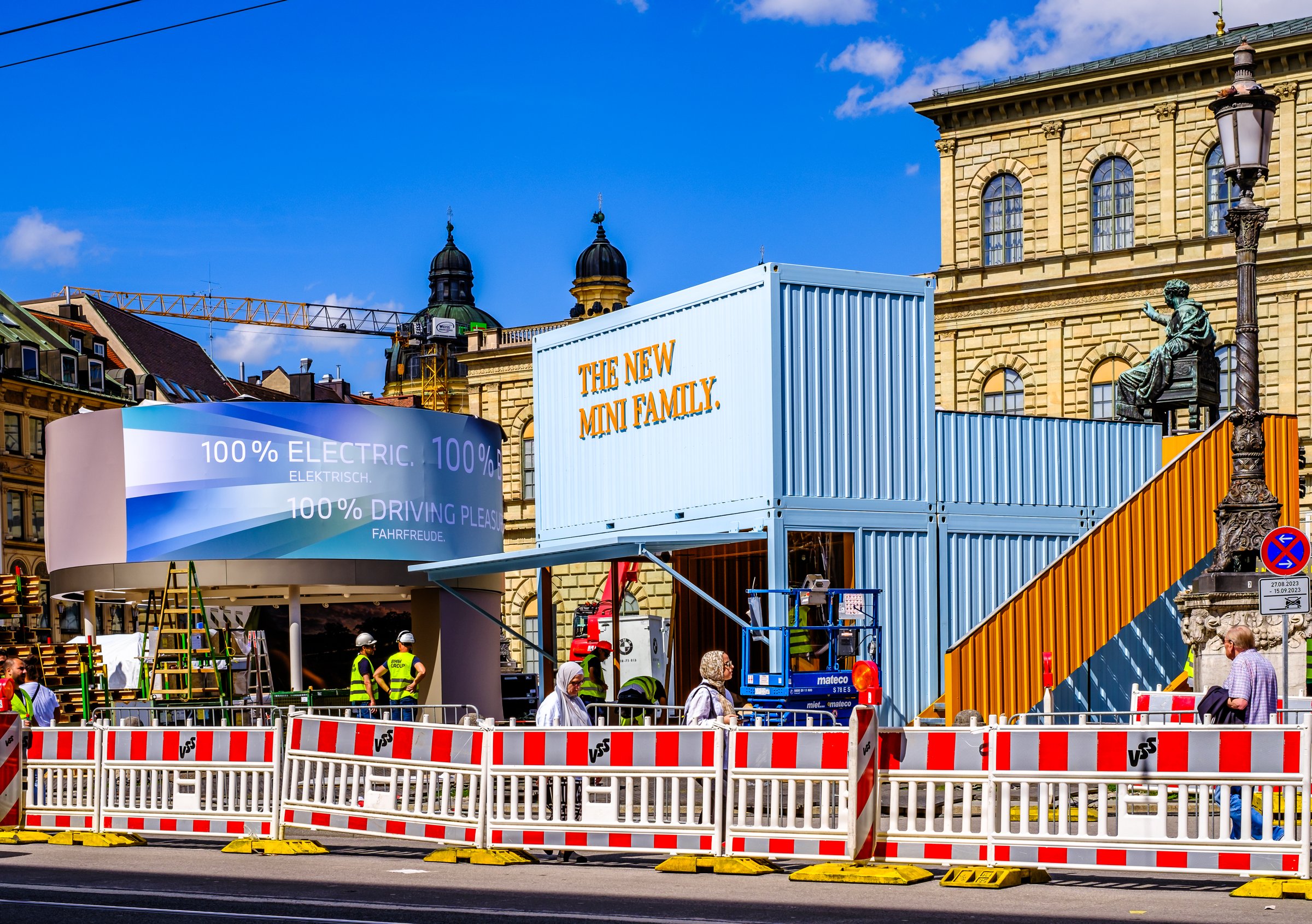 Munich, Germany - September 2: Construction of the IAA (Internationale Auto Ausstellung - translation: international car exhibition) trade fair at the old town in Munich on September 2, 2023