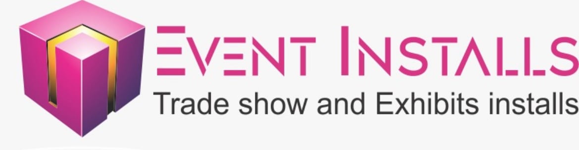 Event Installs logo with text Trade show and Exhibits installs and a pink cube graphic.