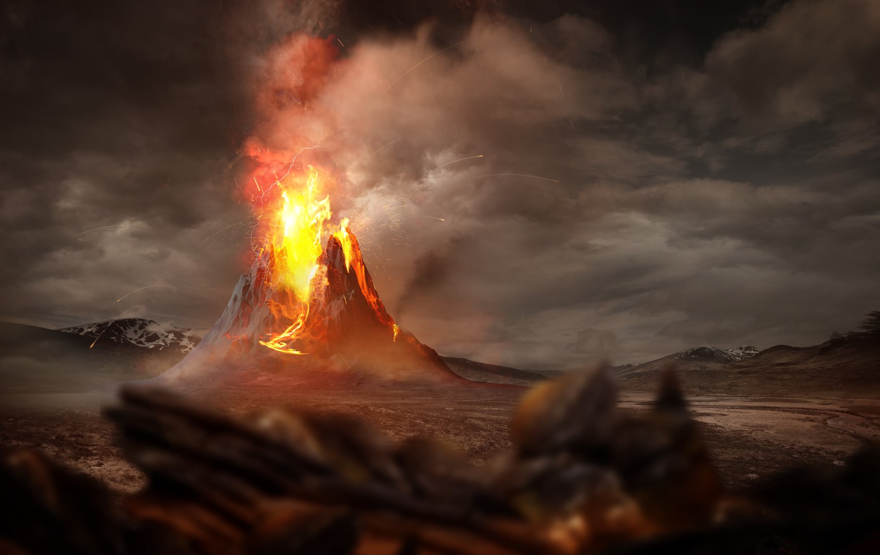 Volcano eruption with hot lava