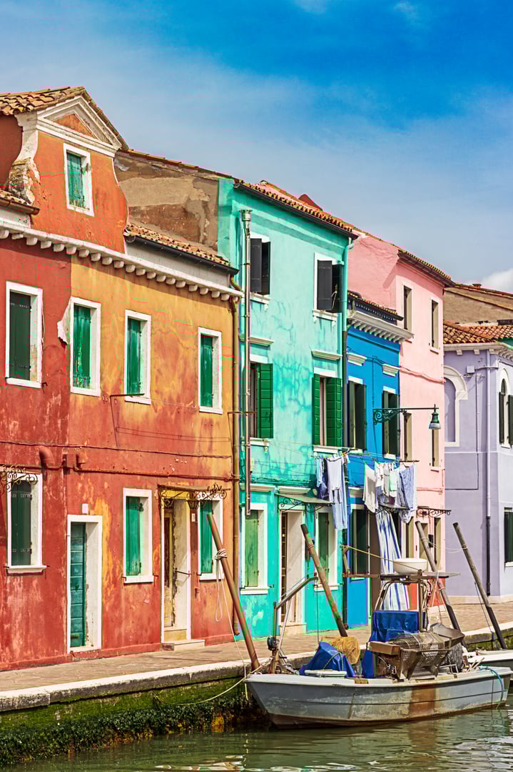 Street with colorful buildings in Burano island, Venice, Italy. Architecture and landmarks of Venice
