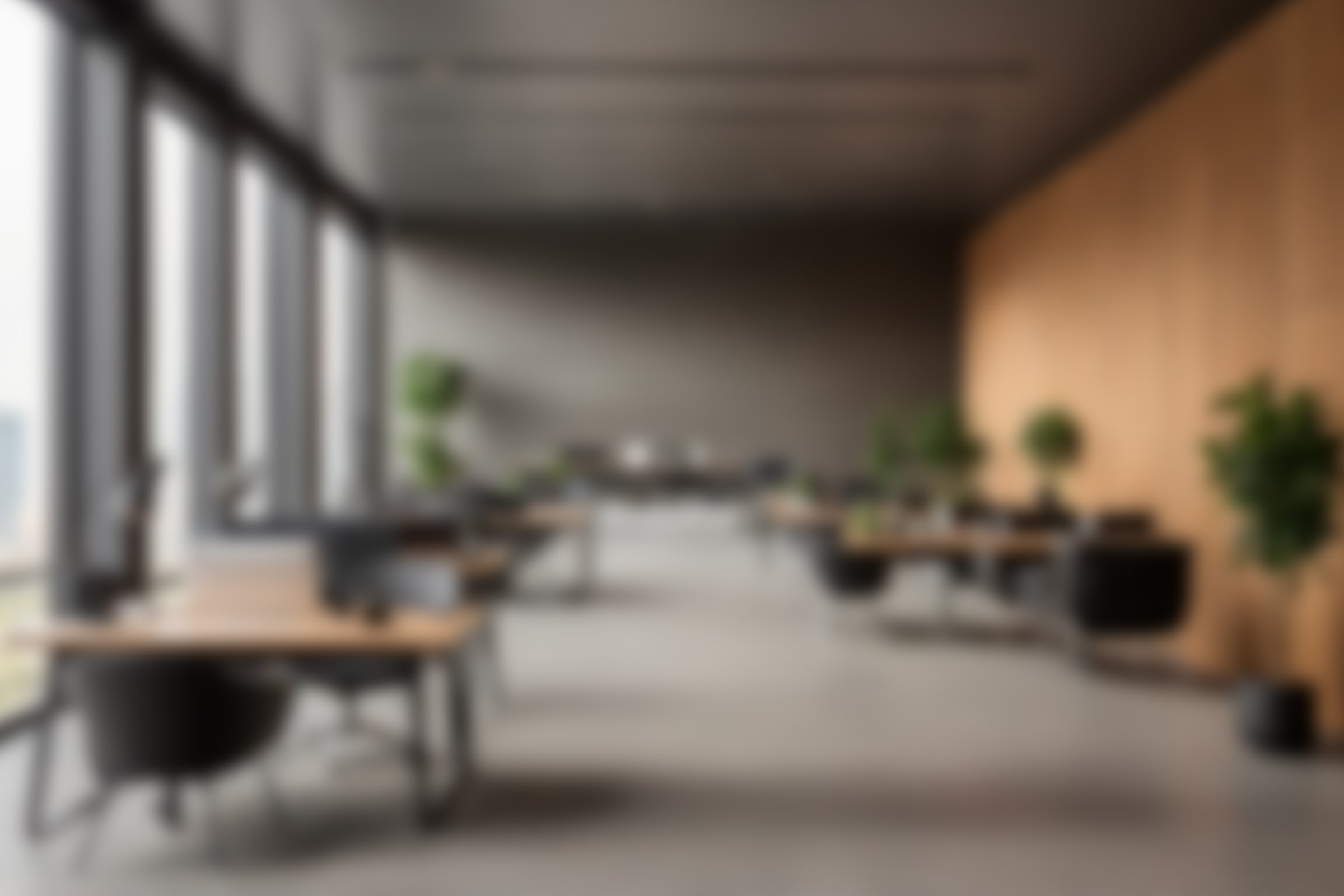 business concepts and workspace. blurred background of a well-lit modern office interior with plants and wooden desks. modern business facilities