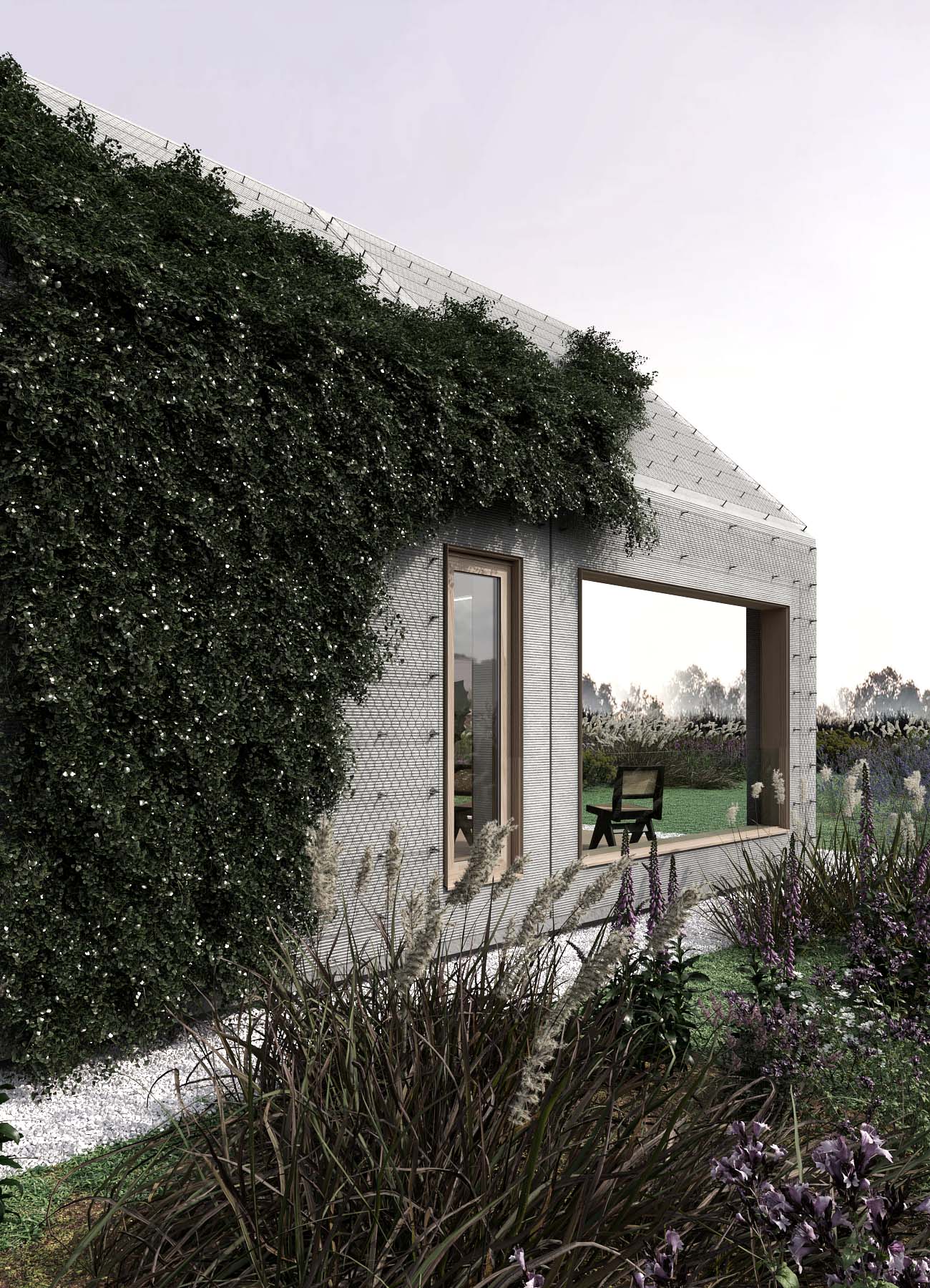 Modern house facade covered in lush green vines, with large window opening to a view of a chair and plants outside.