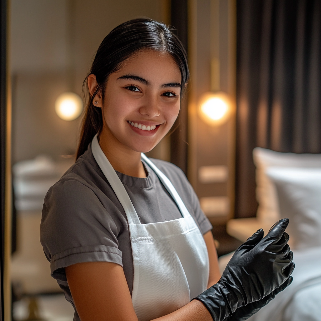 Camarista con uniforme atendiendo habitación y usando guantes de nitrilo negros.