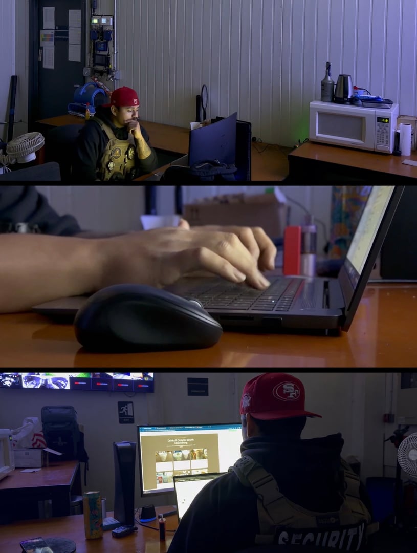 Miguel working on laptop at overnight security job