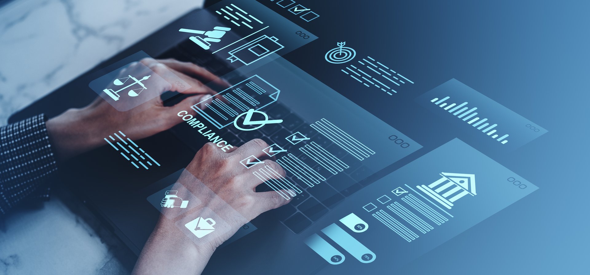 Person typing on laptop with floating digital compliance, legal, and data icons in a creative style over a gradient blue background, concept of governance