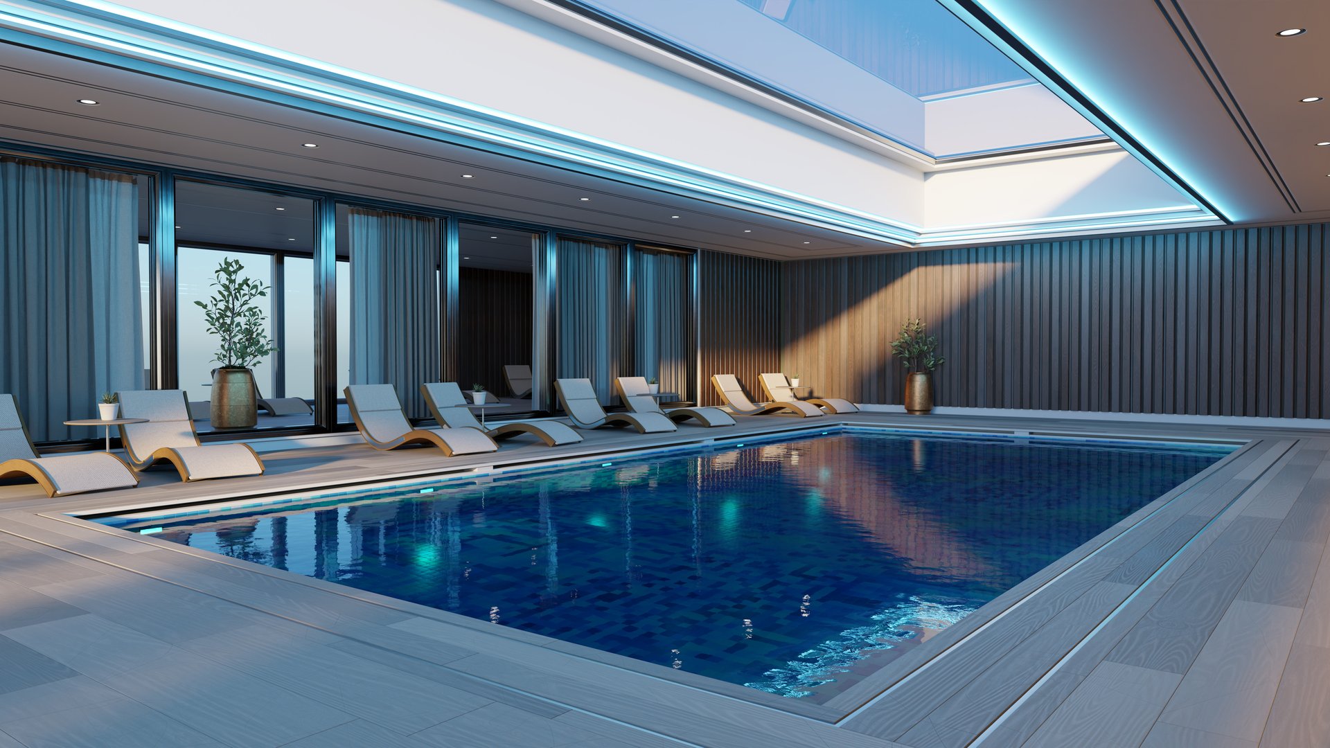 Indoor swimming pool features stylish lounge chairs arranged neatly around the water, illuminated by natural light streaming through a skylight, creating a tranquil atmosphere. 3d render