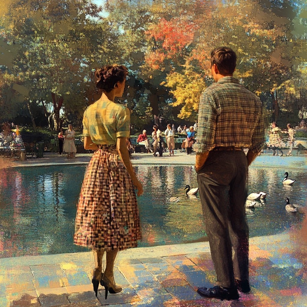 A couple stands by a pond in a park, watching ducks. People are sitting on benches in the background under autumn trees.