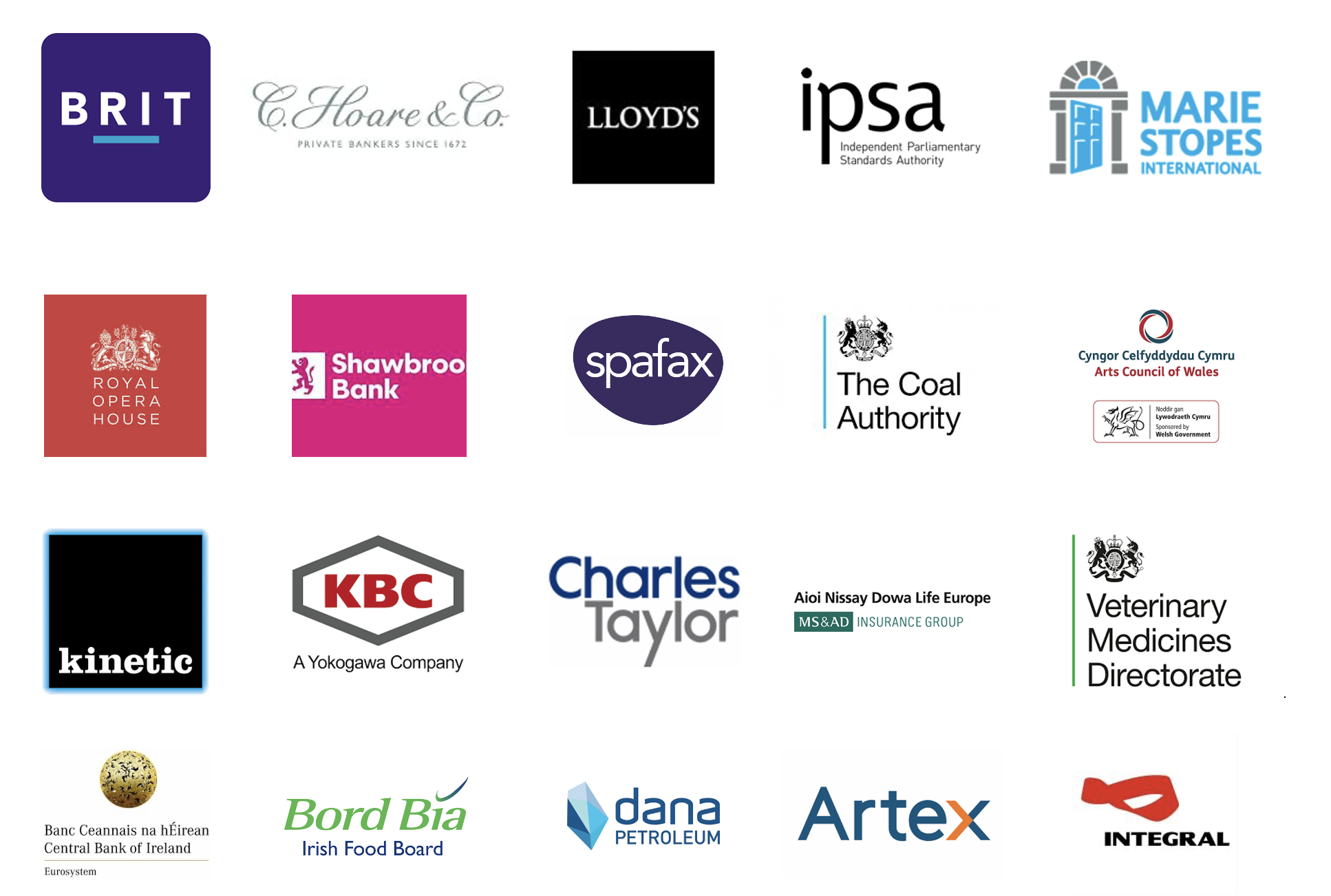 Logos of various organizations including banks, medicinal, and cultural institutions displayed in a grid layout.