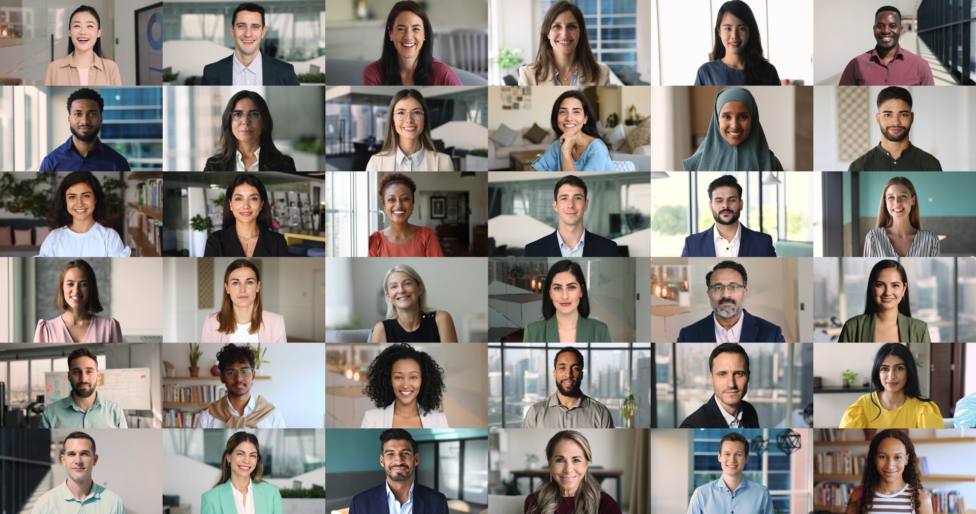 Collage of faces shown in multiple grids, group of men and women representing diversity, inclusion, global connectivity. Collaboration across cultures and industries. Professionalism, communication