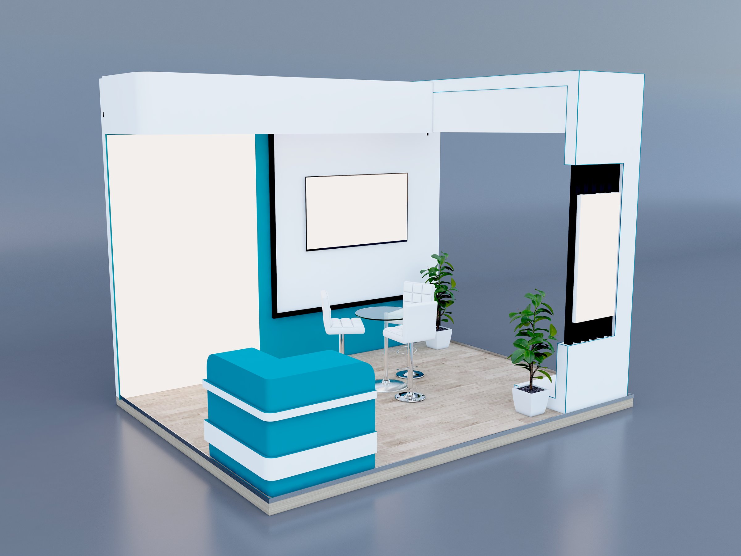 Contemporary trade show booth featuring sleek furniture and vibrant accents