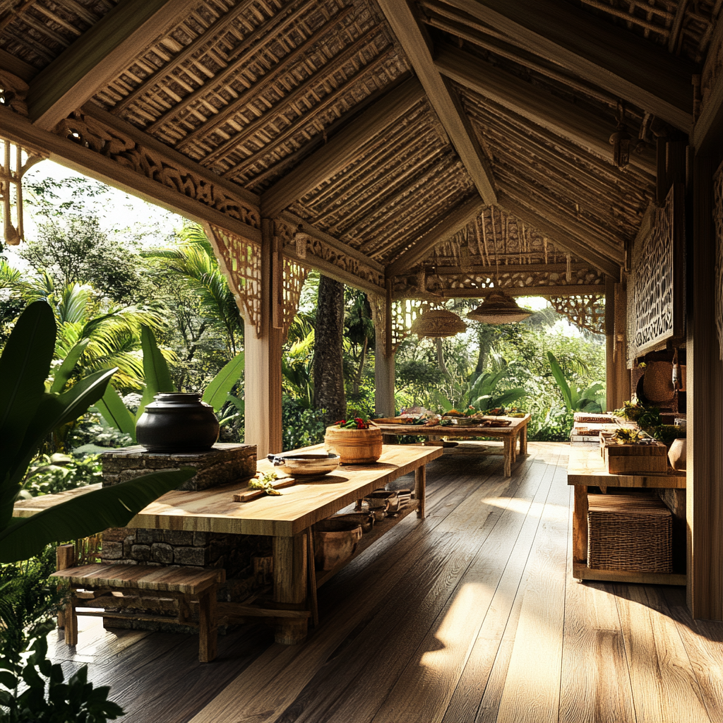Tropical outdoor kitchen with wooden tables, decorative ceiling, and lush greenery surrounding the space.