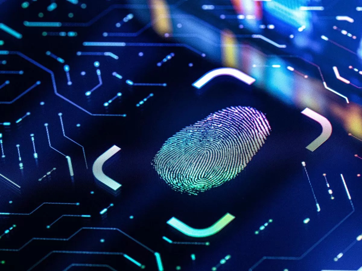 Digital fingerprint scanner overlayed on a glowing circuit board, symbolizing biometrics and technology integration.