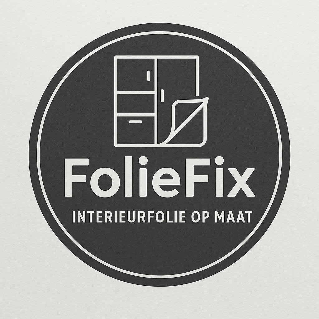 Logo of FolieFix with text "INTERIEURFOLIE OP MAAT" and an icon of a cabinet with a peeling sticker in a circular design.