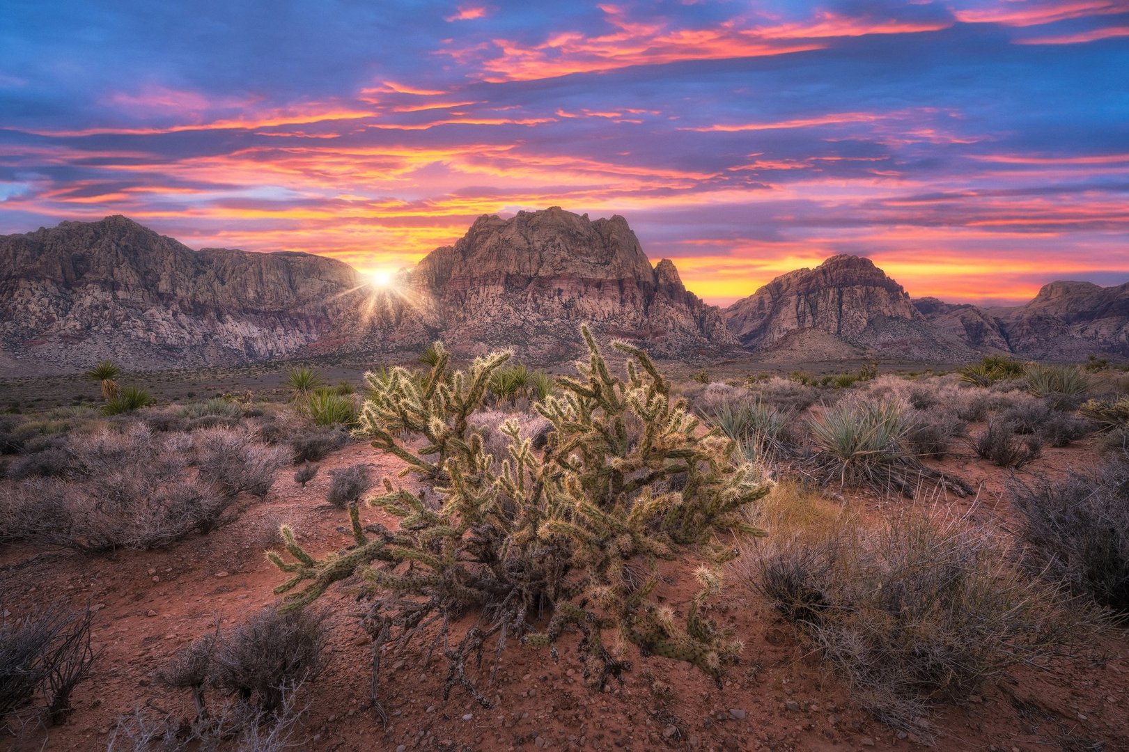 Vibrant sunset behind Mount Wilson in Red Rock Canyon Nevada